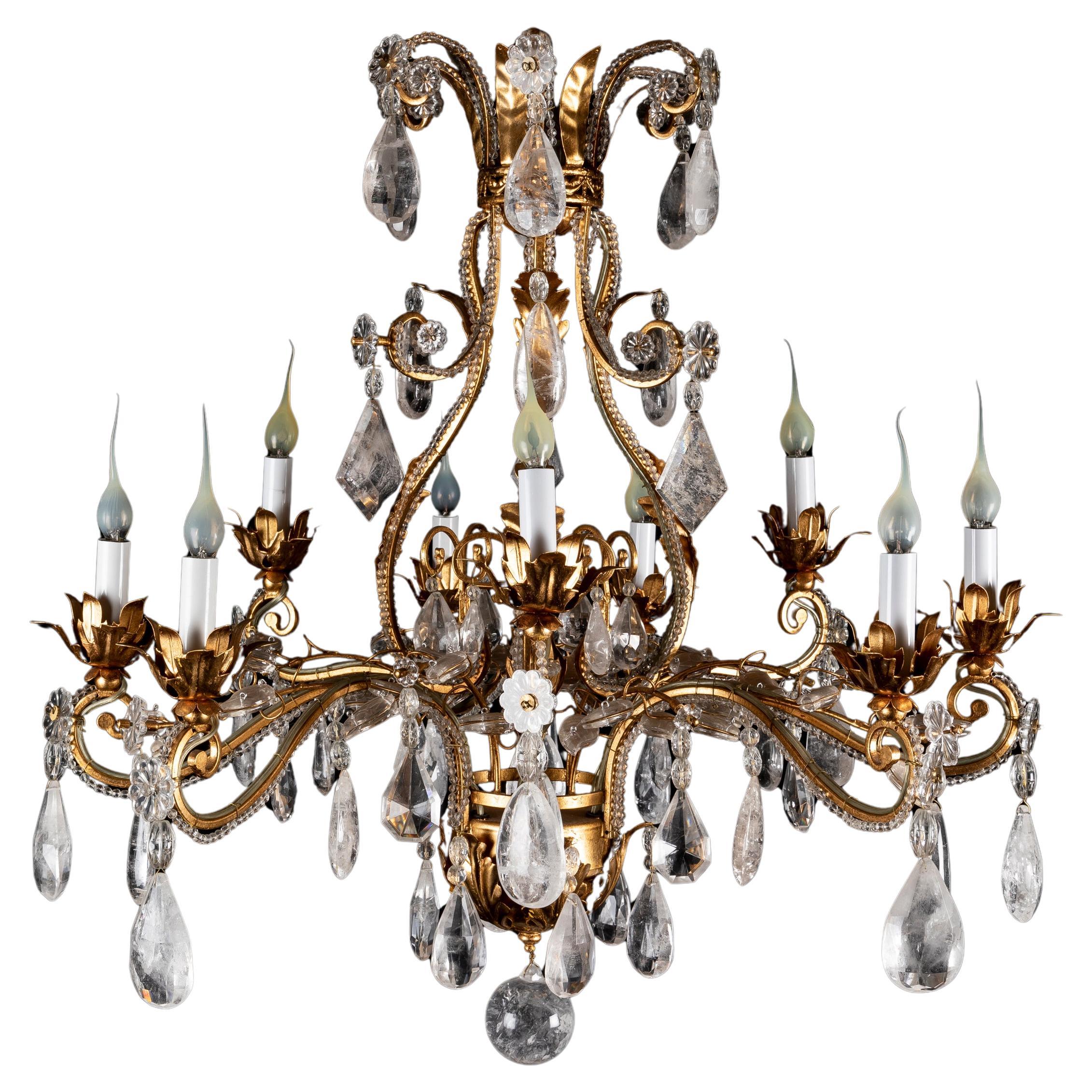 20th Century French Bagues Style Gilt and Rock Crystal Chandelier