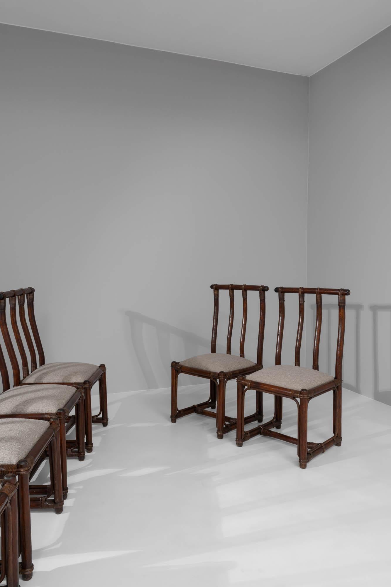 Französische Bambus-Esszimmerstühle des 20. Jahrhunderts mit gepolsterten Sitzen, 7er-Set im Angebot 5