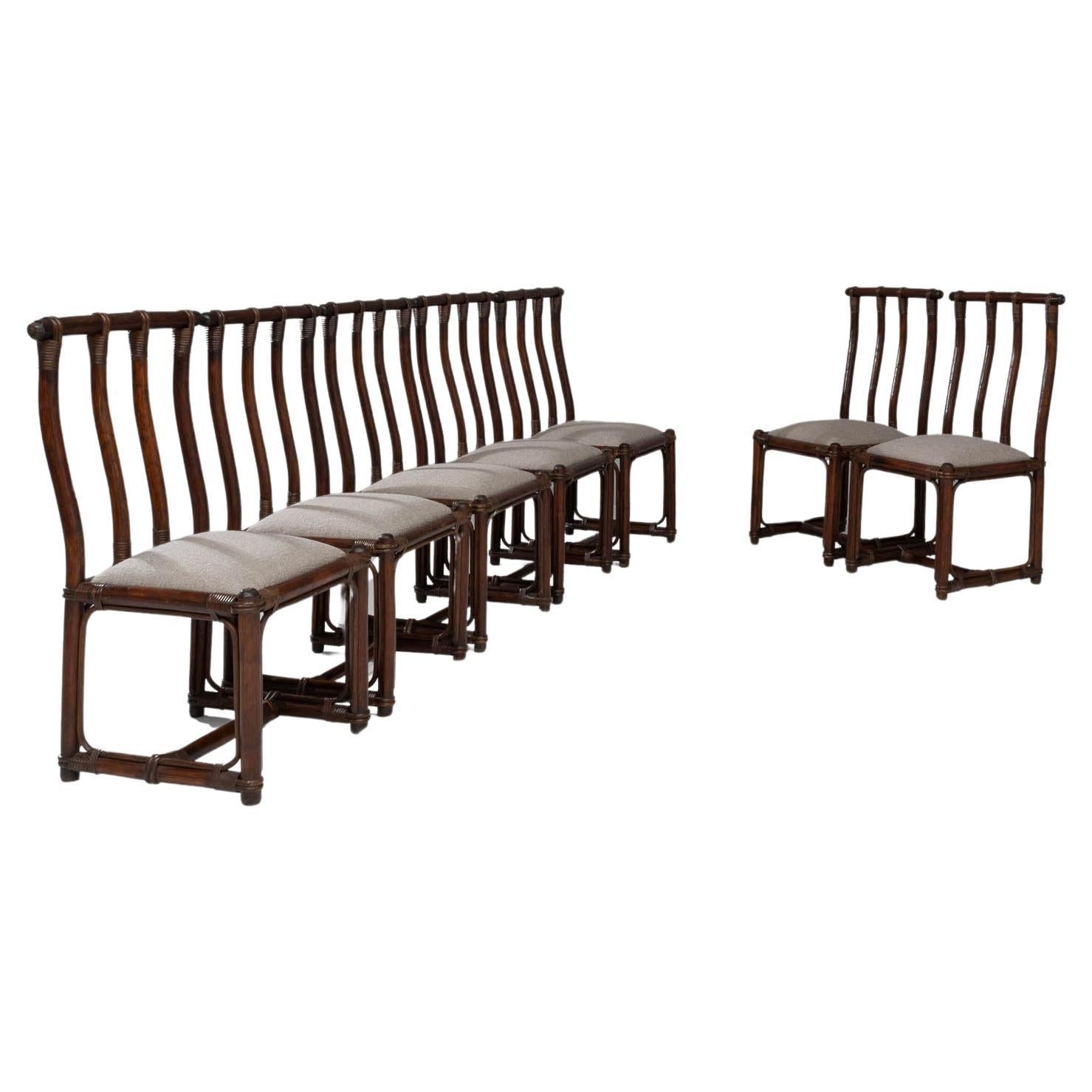 Chaises de salle à manger françaises en bambou du 20ème siècle avec sièges rembourrés, lot de 7