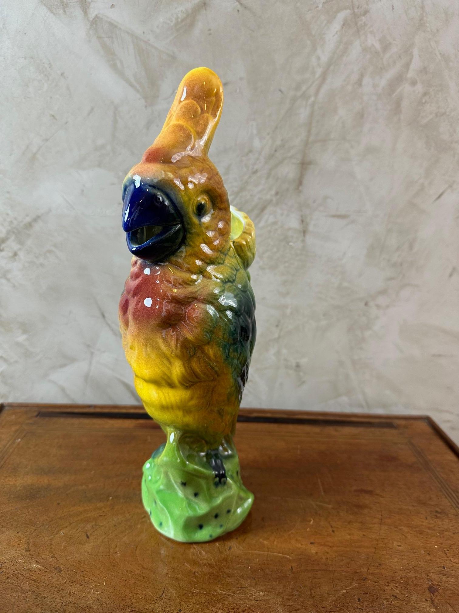 Hand-Painted 20th century French Barbotine Parrot Absinthe Pitcher Decanter, 1920s