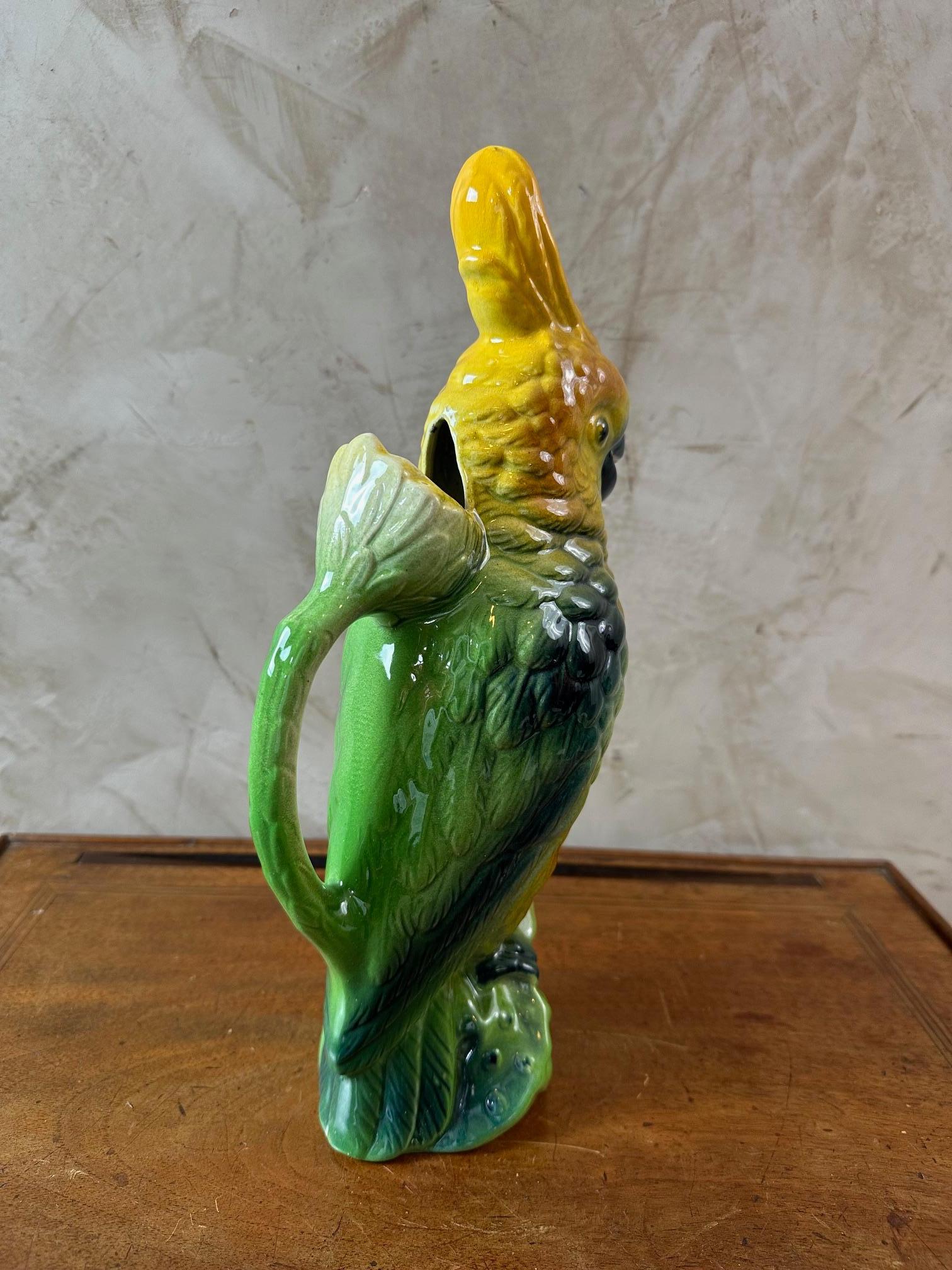 Majolica 20th century French Barbotine Parrot Absinthe Pitcher Decanter, 1920s