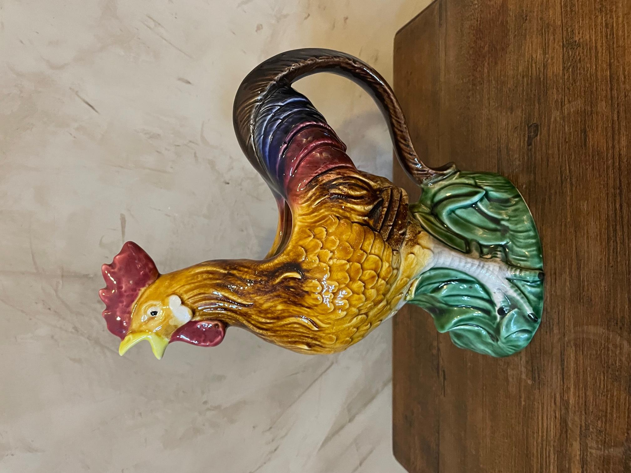 20th Century, French, Barbotine Rooster Pitcher, 1950s In Good Condition In LEGNY, FR