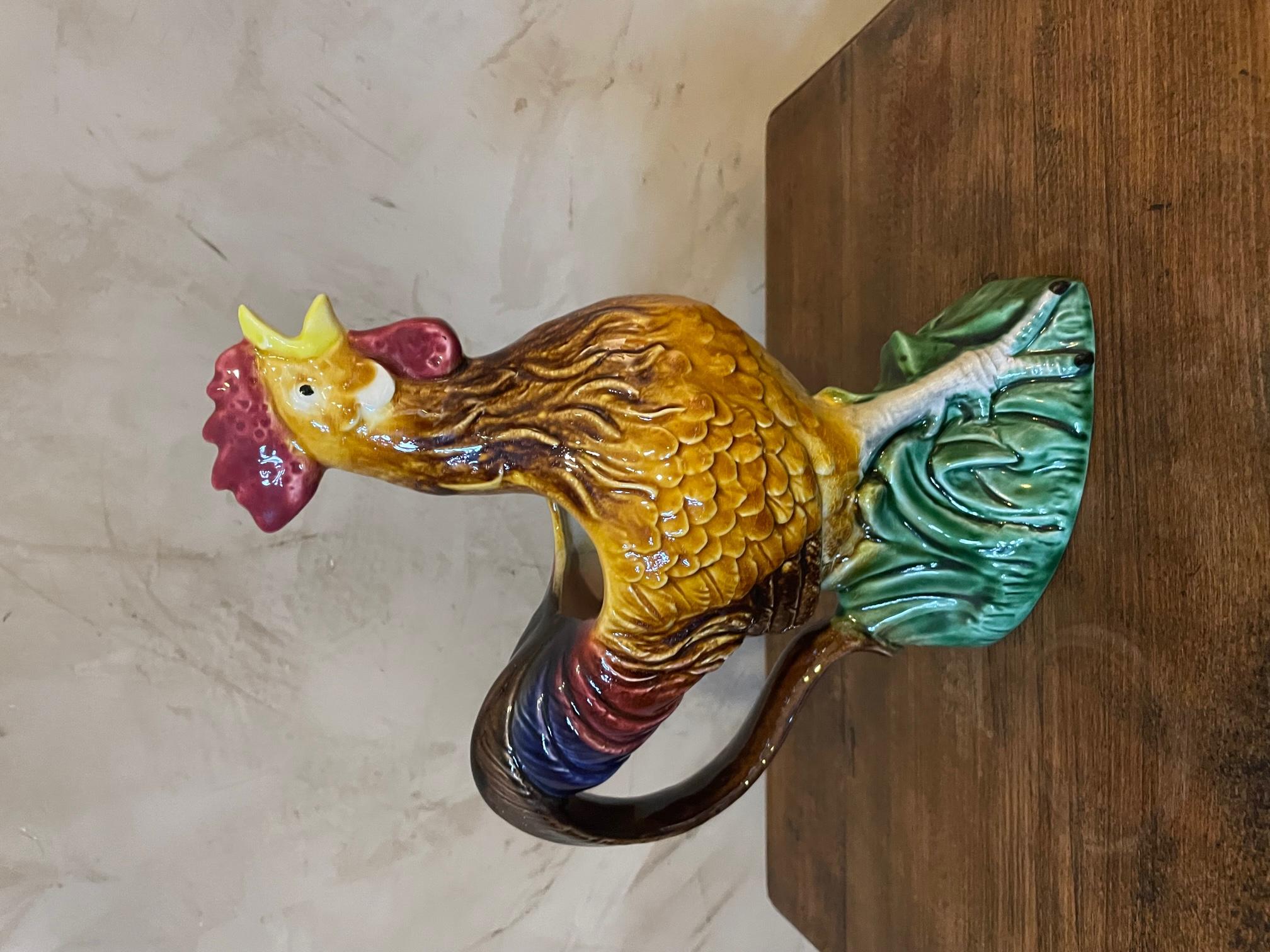 Ceramic 20th Century, French, Barbotine Rooster Pitcher, 1950s
