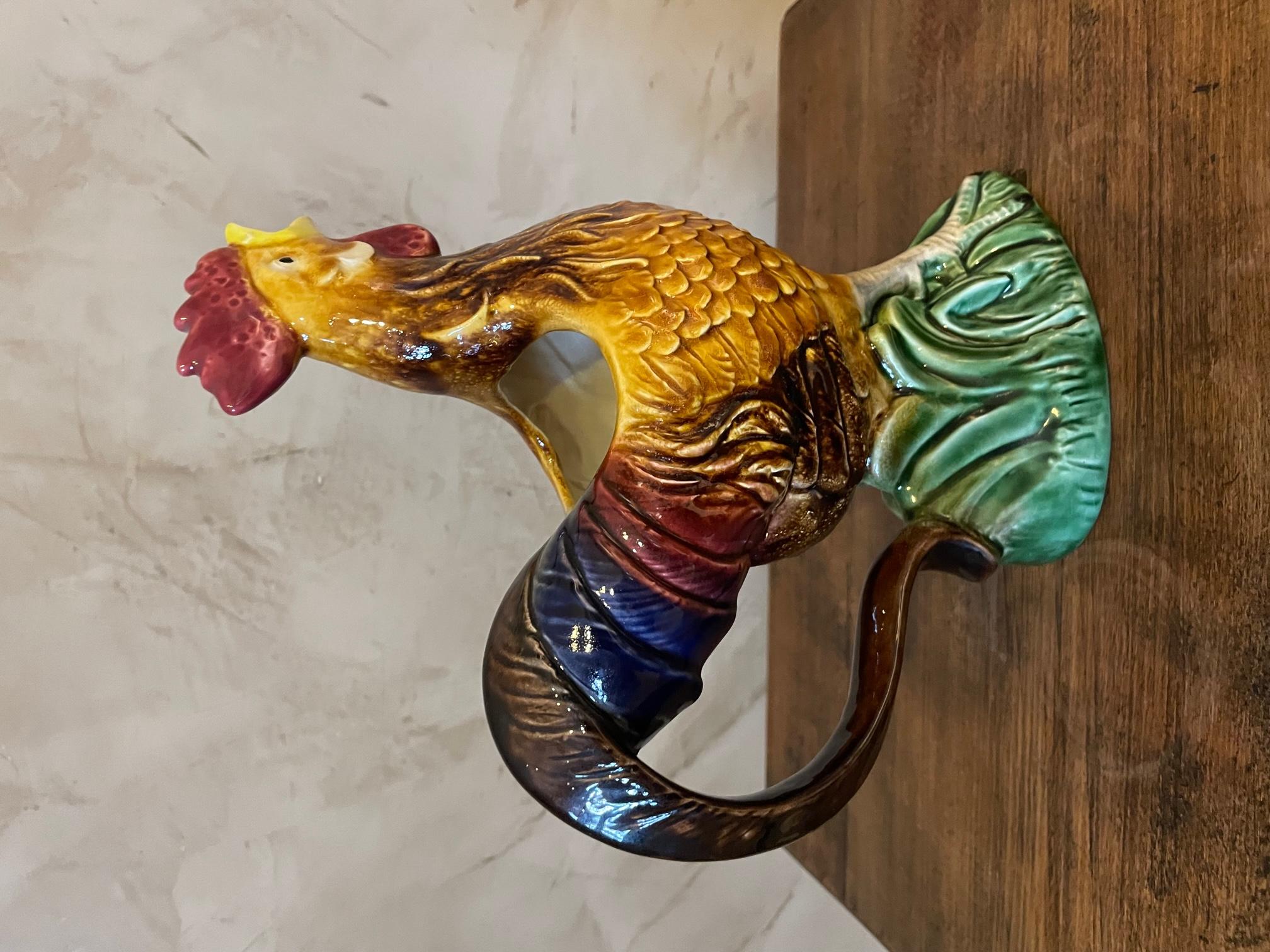 20th Century, French, Barbotine Rooster Pitcher, 1950s 1