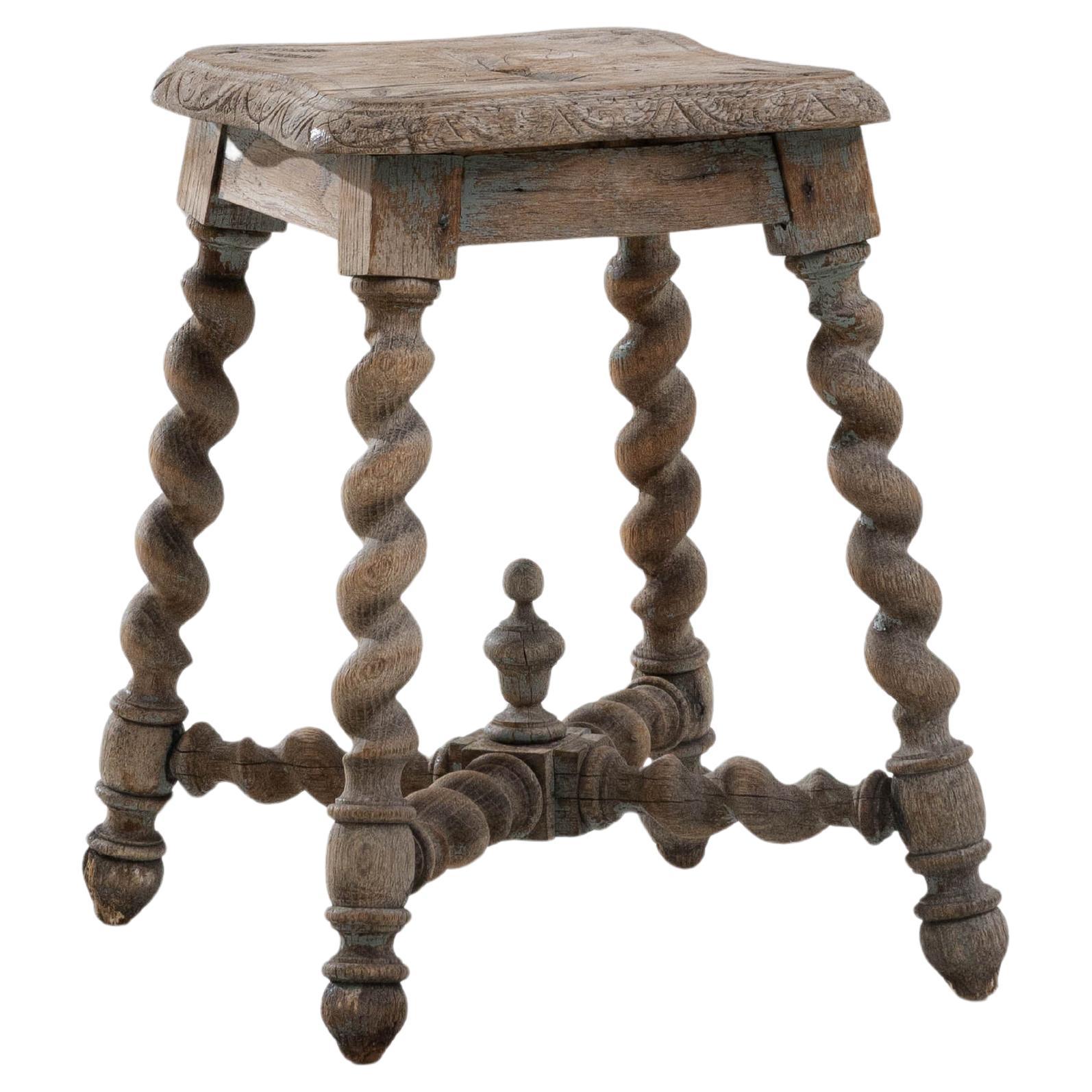 20th Century French Baroque Carved Wooden Stool With Barley Twist Legs