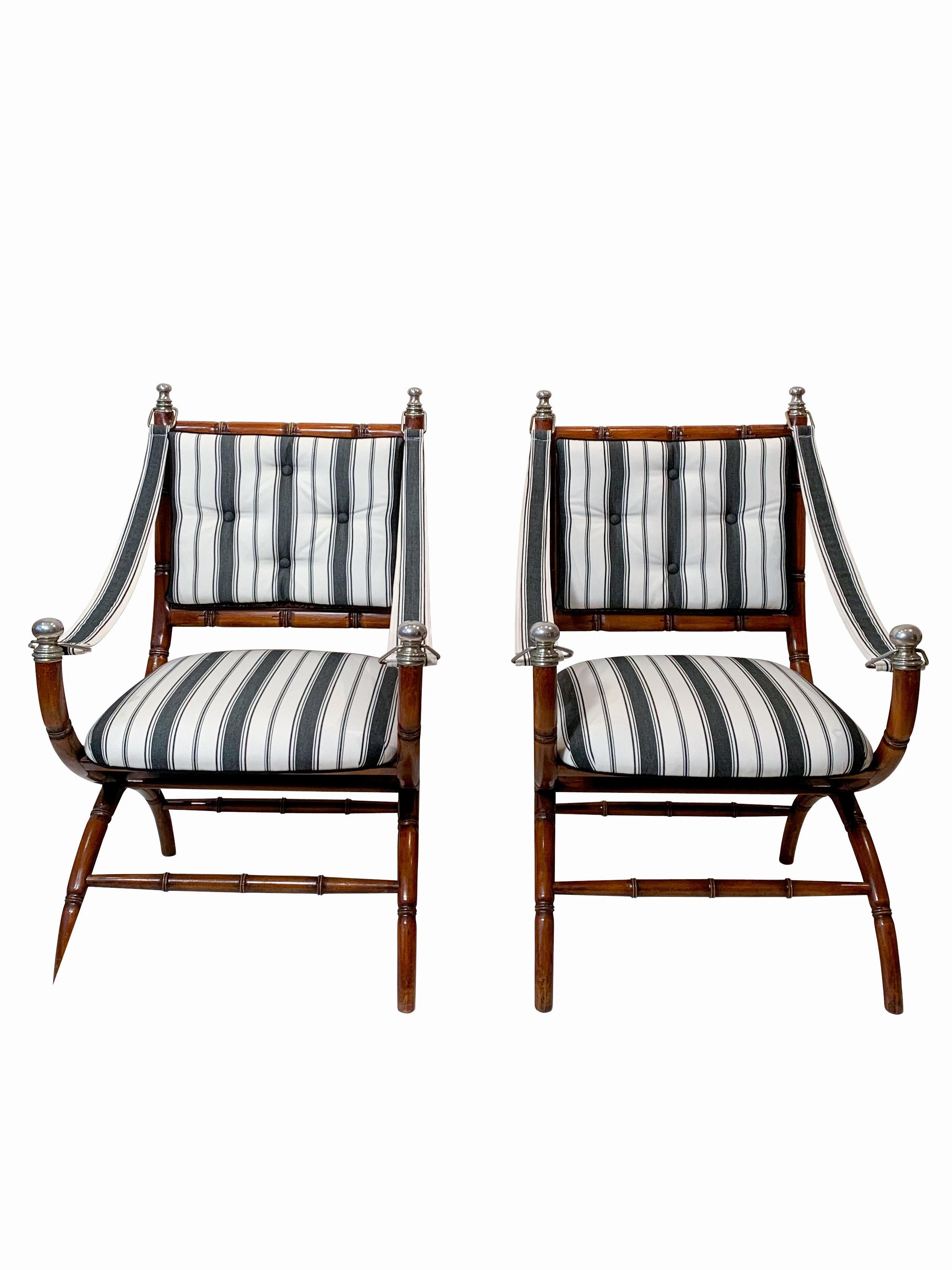Mid-20th Century Pair of Faux Bamboo Armchairs on Arched Legs, attributed to Maison Jansen 
