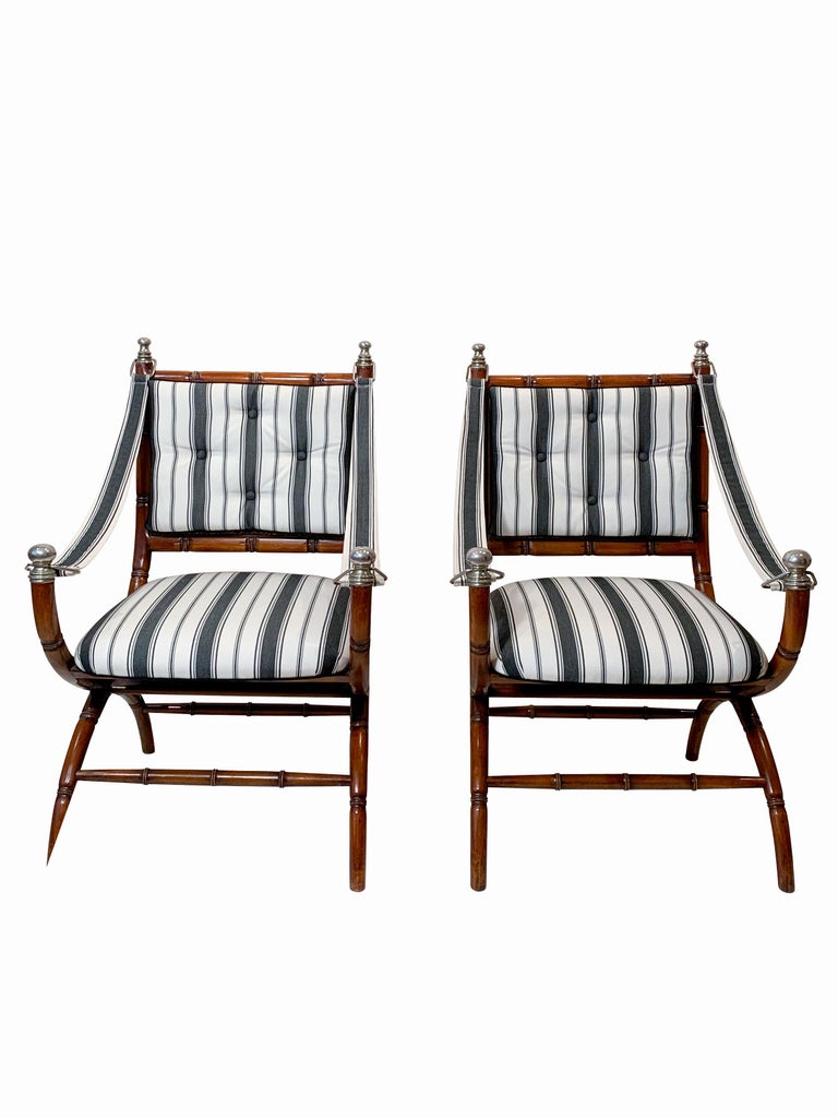 Silver Plate Pair of Faux Bamboo Armchairs on Arched Legs, attributed to Maison Jansen 