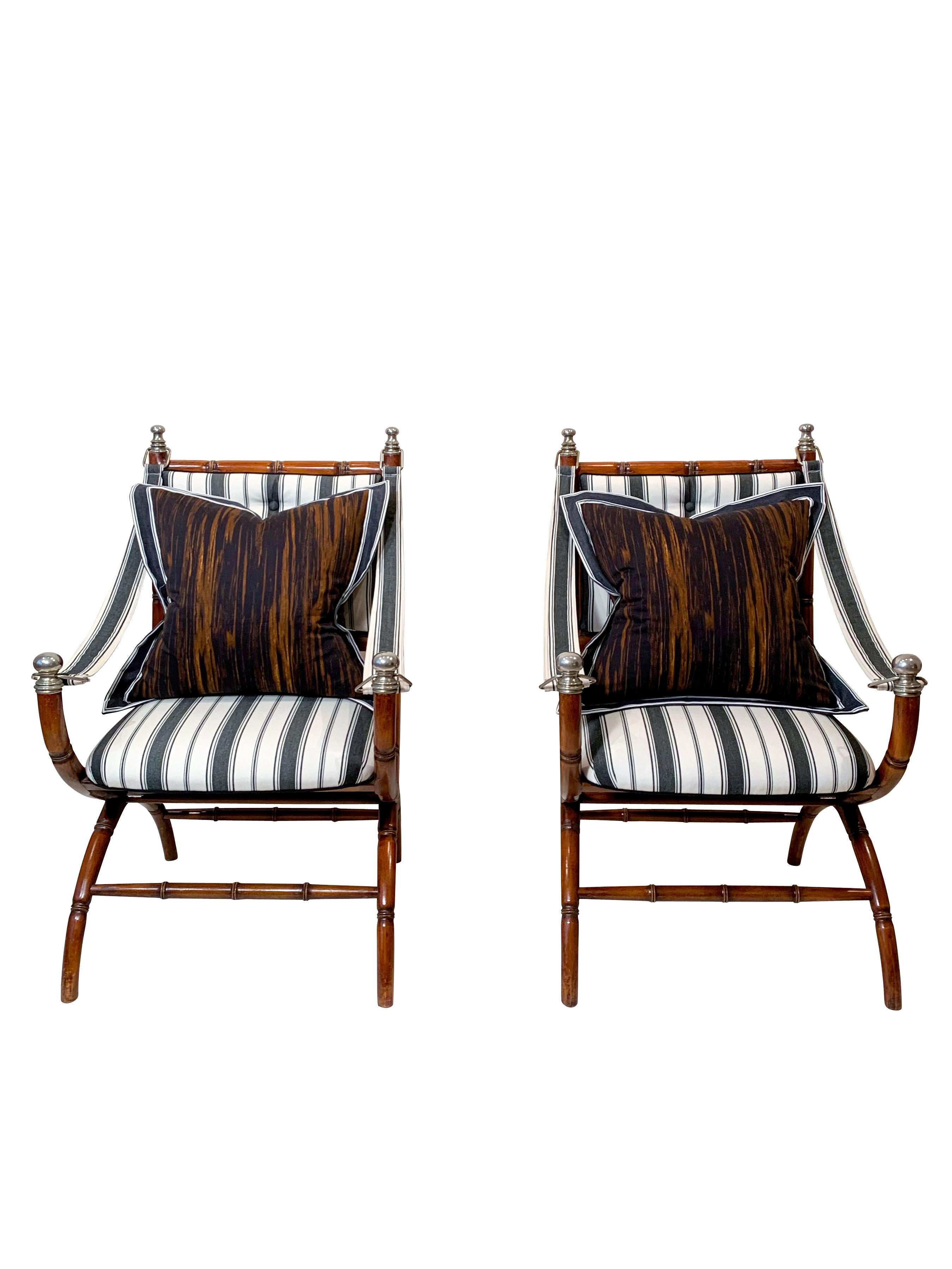 Silver Plate Pair of Faux Bamboo Armchairs on Arched Legs, attributed to Maison Jansen 