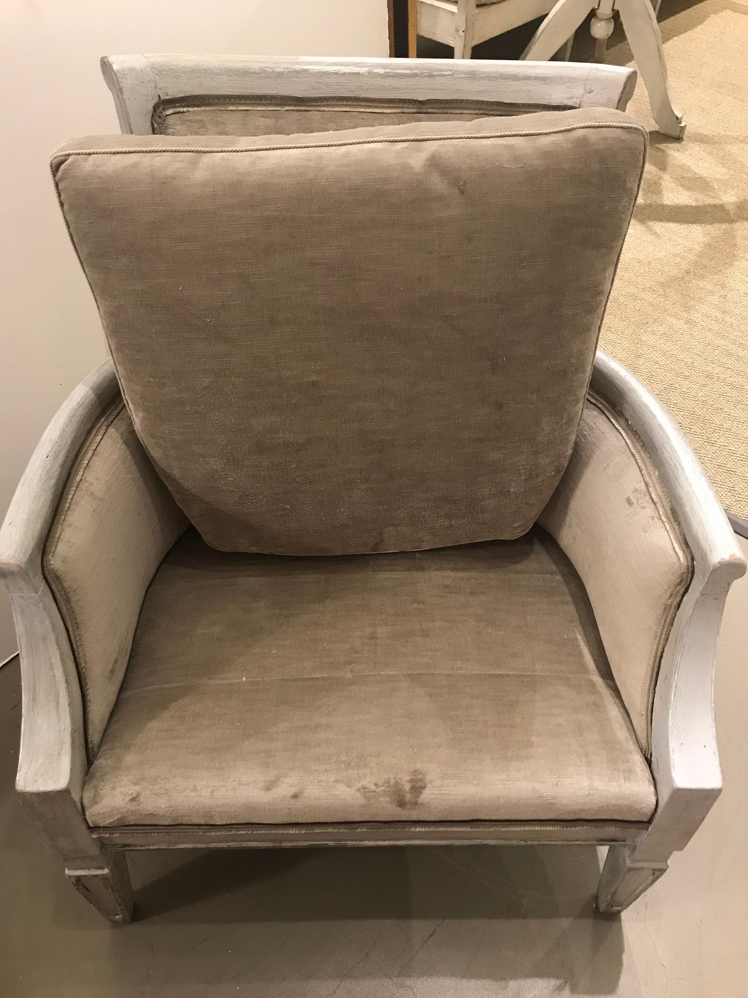 Directoire style with gray paint, circa 1950. Newly reupholstered in a neutral velvet fabric with trim.