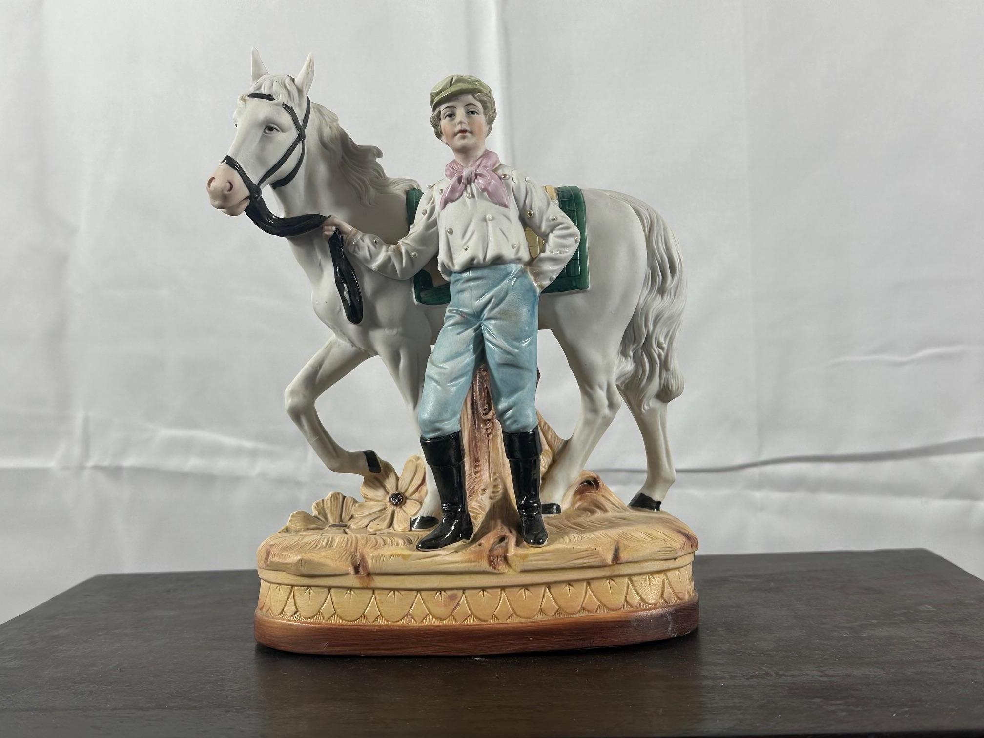 Hand-Painted 20th century French Bisque Horse and His Rider Figural group, 1920s For Sale