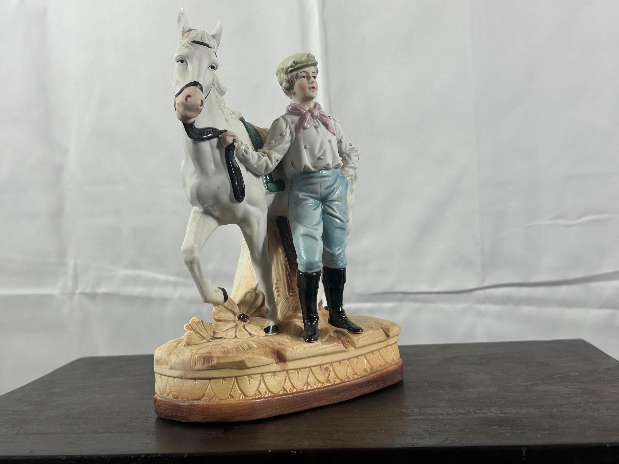 20th century French Bisque Horse and His Rider Figural group, 1920s In Good Condition For Sale In LEGNY, FR