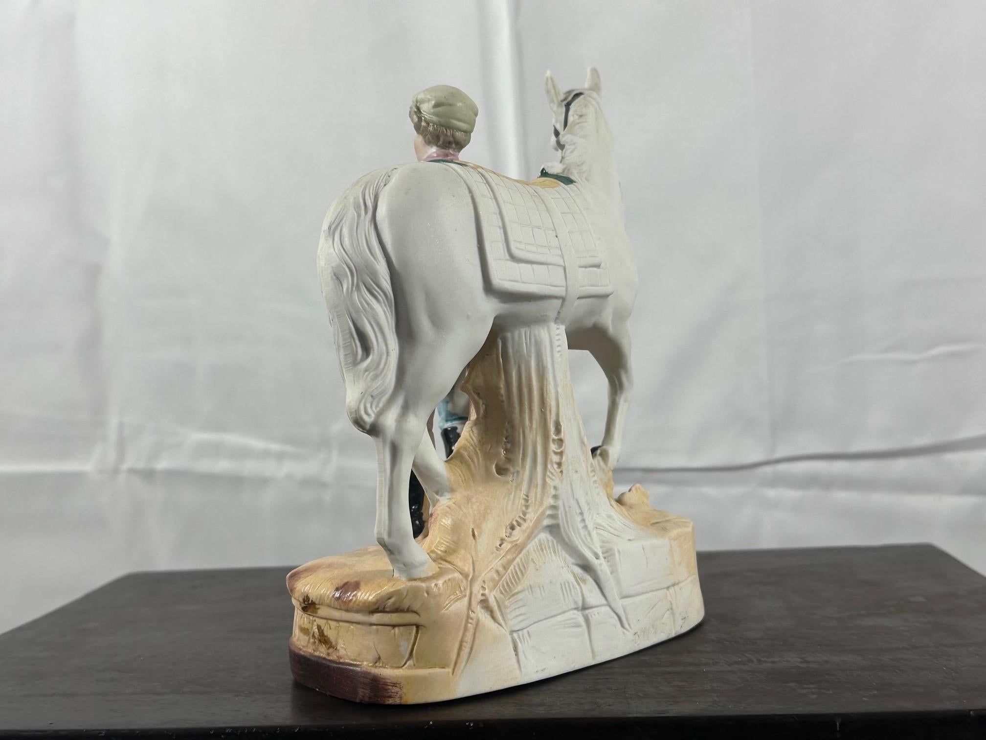 Porcelain 20th century French Bisque Horse and His Rider Figural group, 1920s For Sale