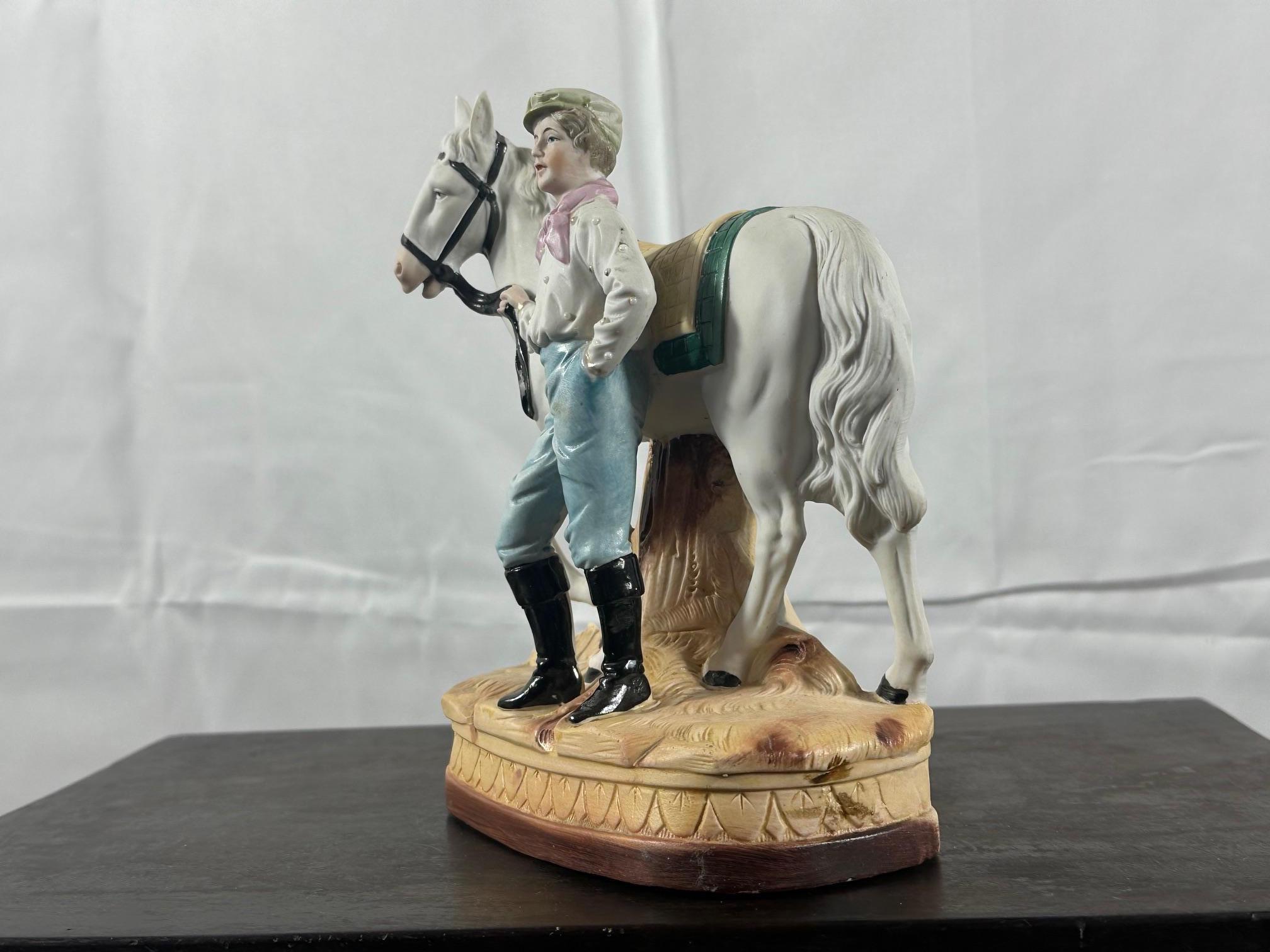 20th century French Bisque Horse and His Rider Figural group, 1920s For Sale 1