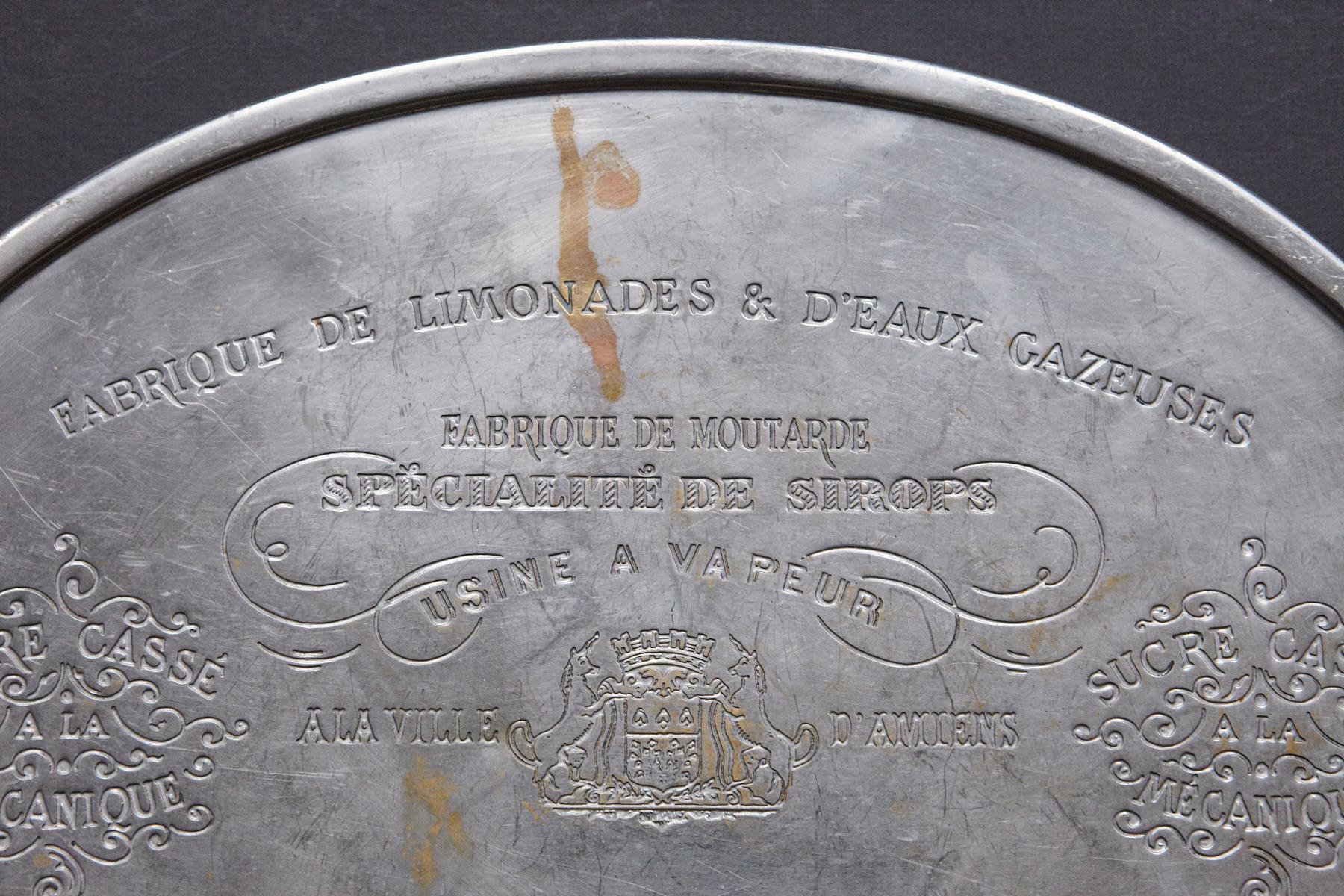 Nickel 20th Century French Bistro Tray with Engraved with Local Advertising