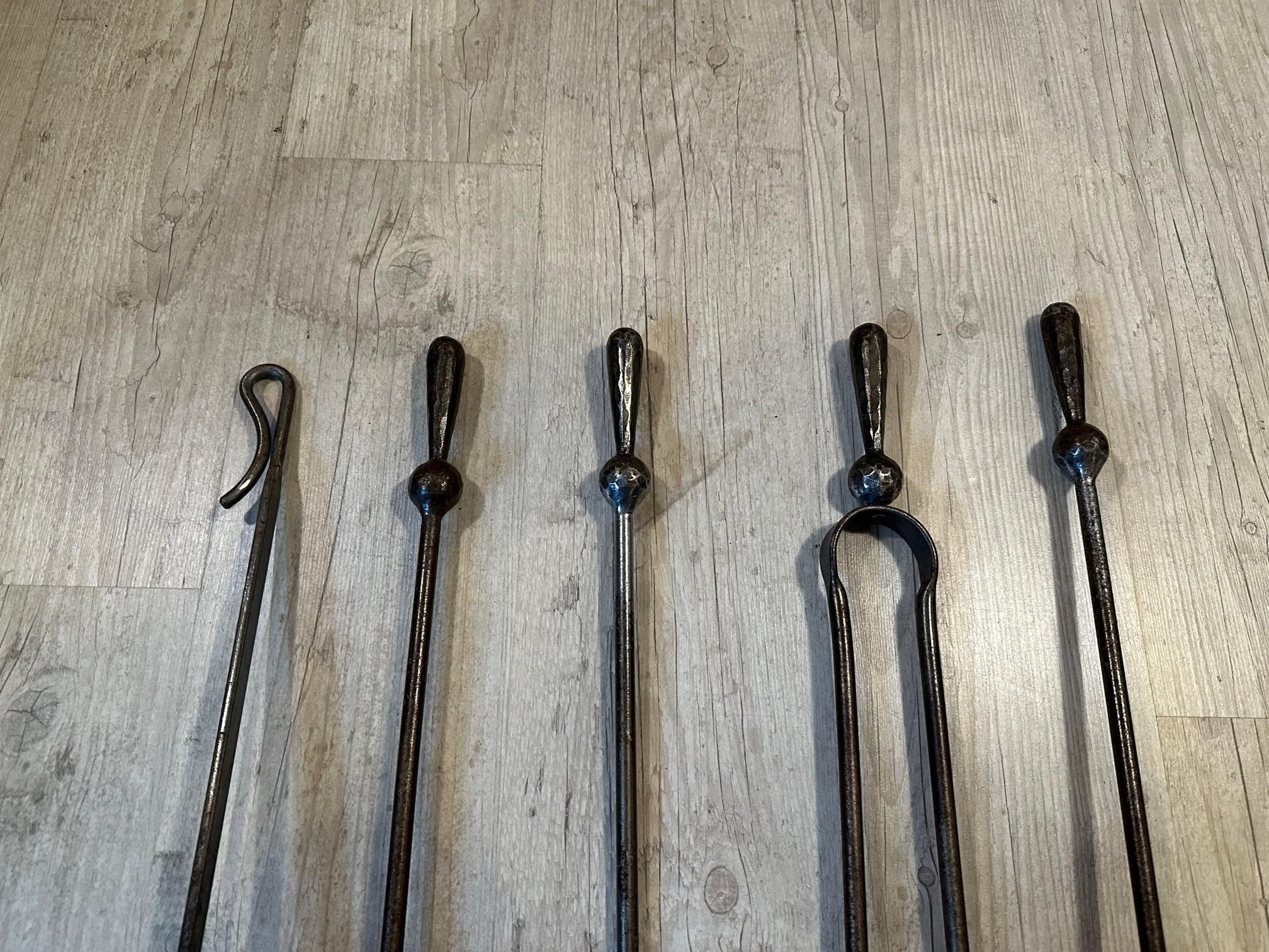 20th century French Black Forged Iron Fireplace Tools, 1950s 8