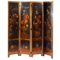 20th Century French Black Lacquered Four-Leaf Hand-Painted Screen, Chinese Style