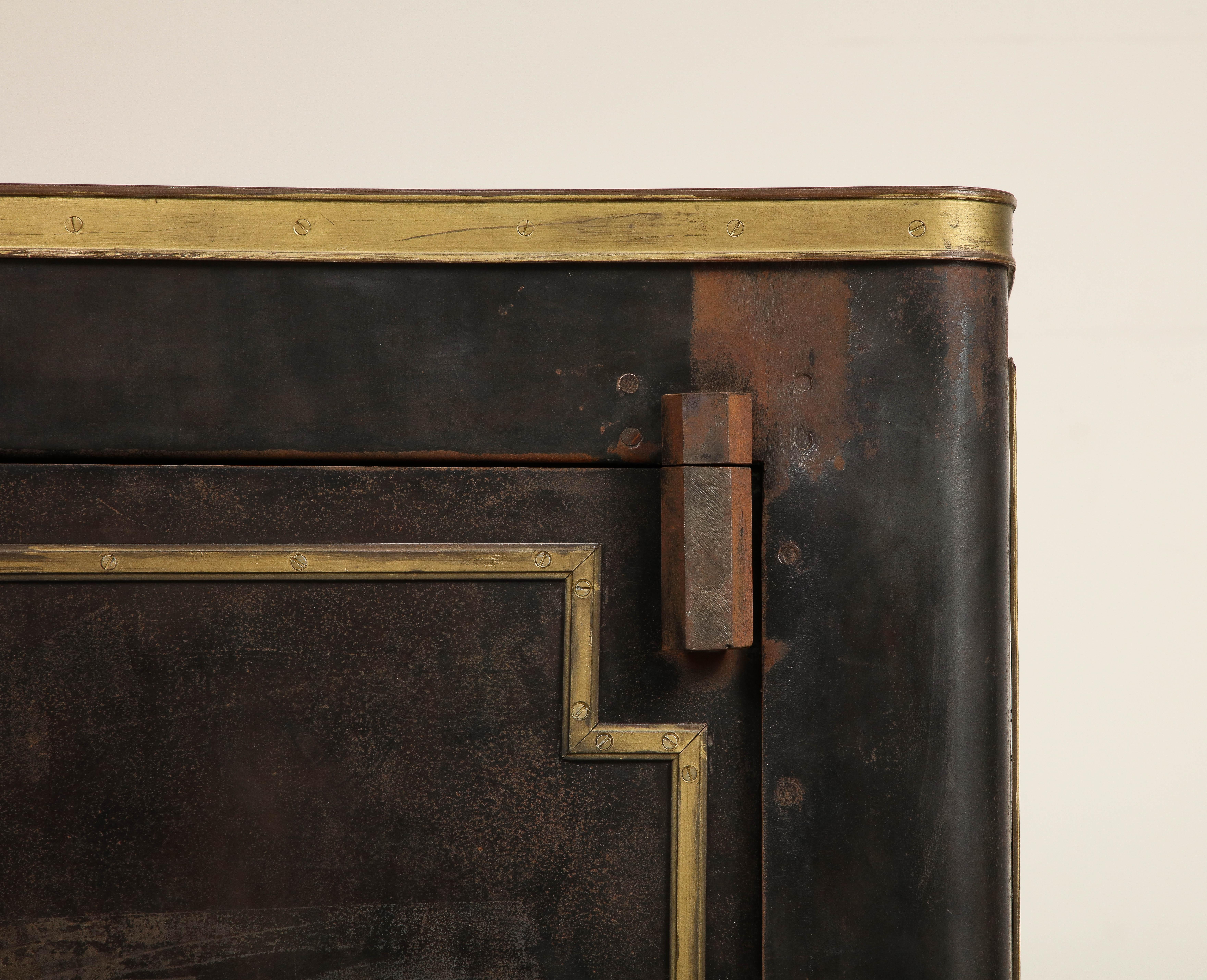 Industrial 20th Century French Blackened Metal Cabinet with Brass Accents