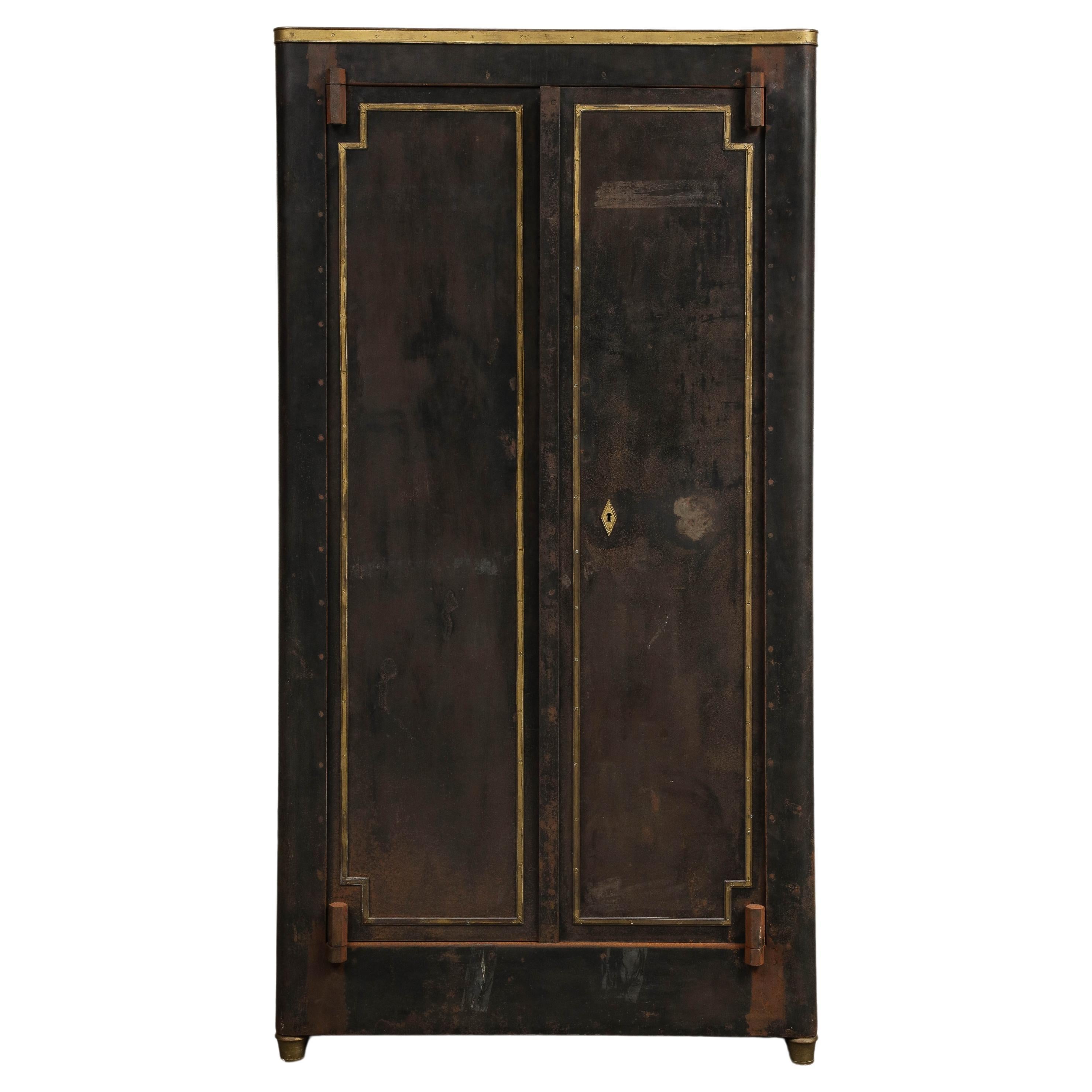 20th Century French Blackened Metal Cabinet with Brass Accents