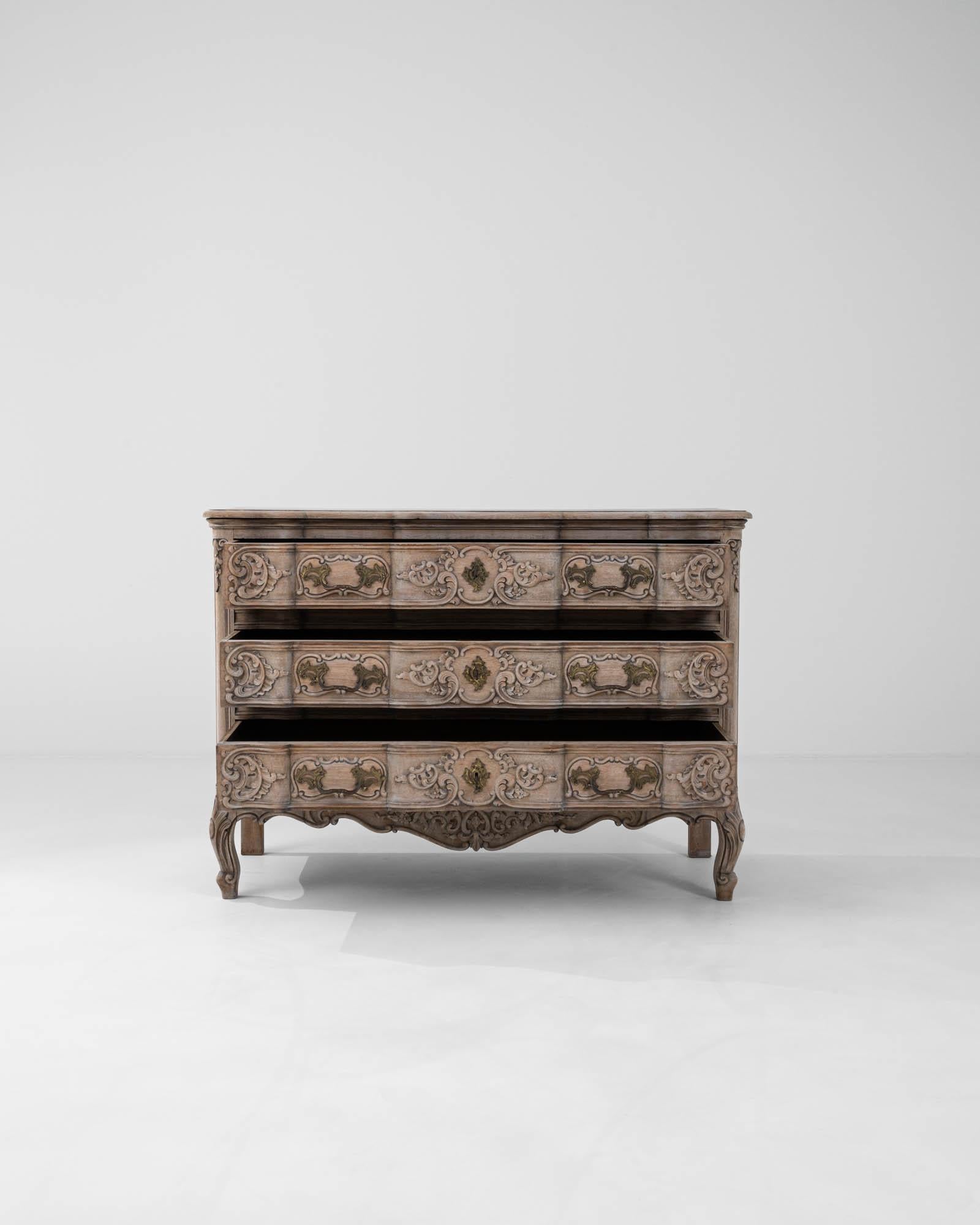 Hand-Carved 20th Century French Bleached Oak Chest Of Drawers