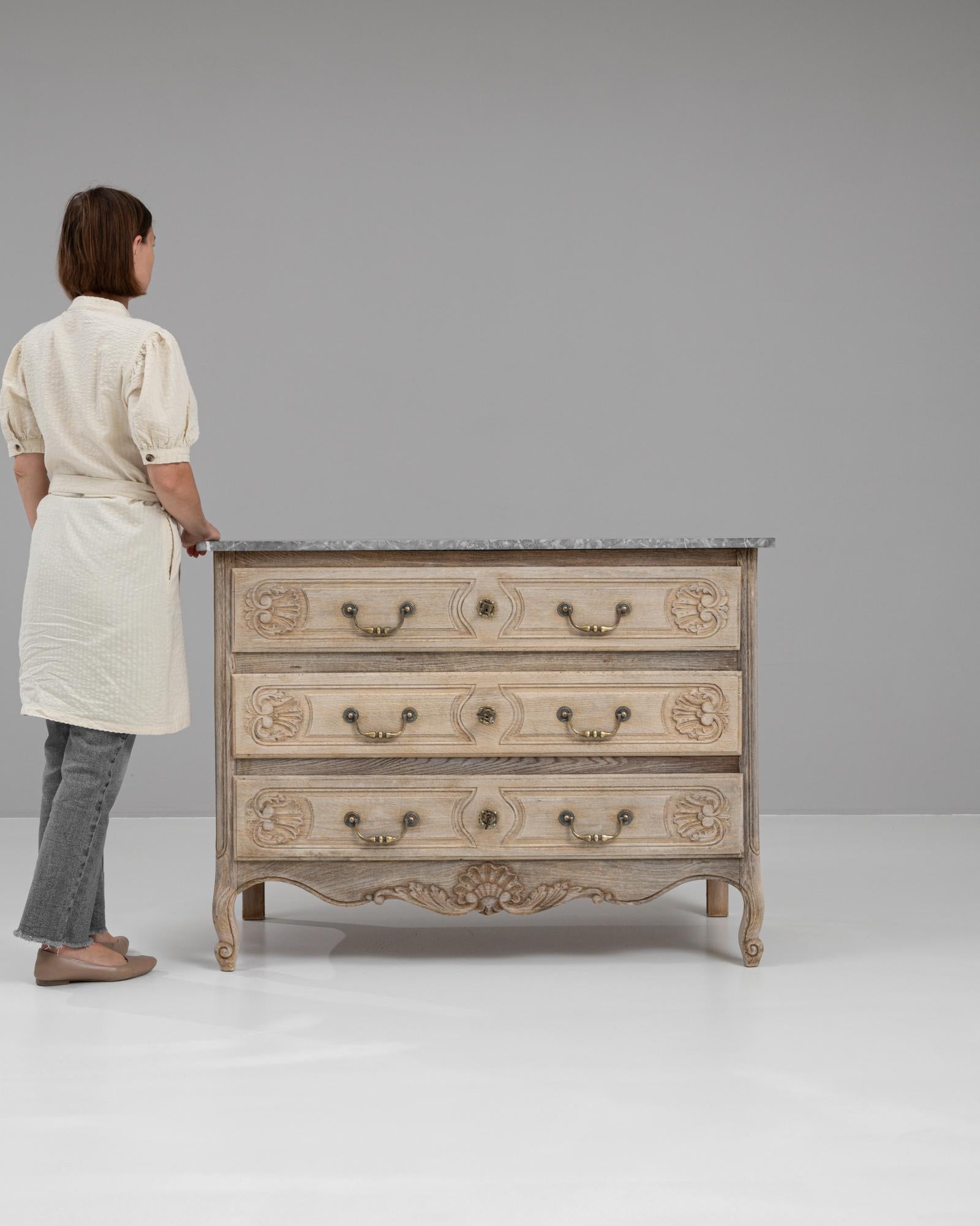 20th Century French Bleached Oak Chest Of Drawers With Marble Top 1