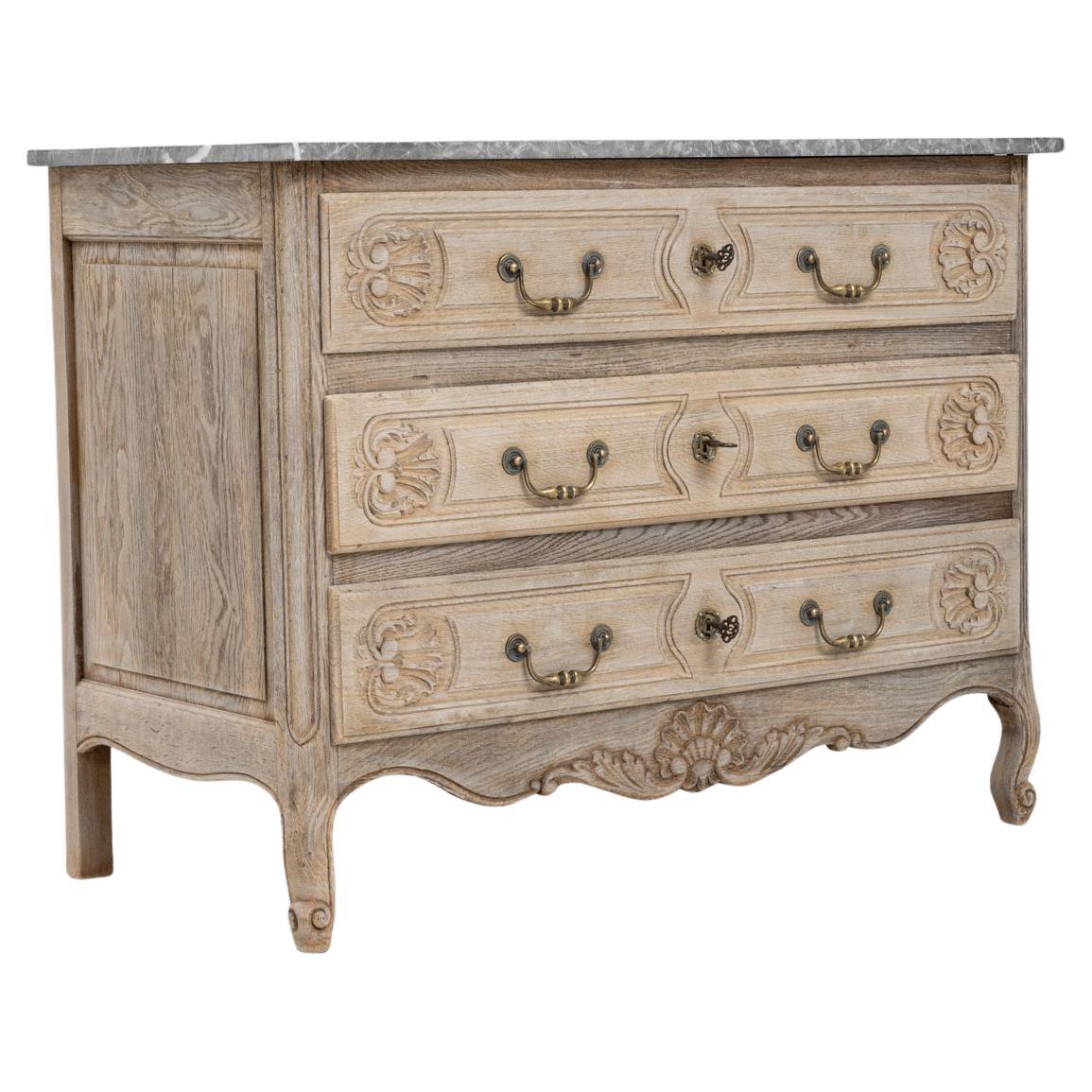 20th Century French Bleached Oak Chest Of Drawers With Marble Top