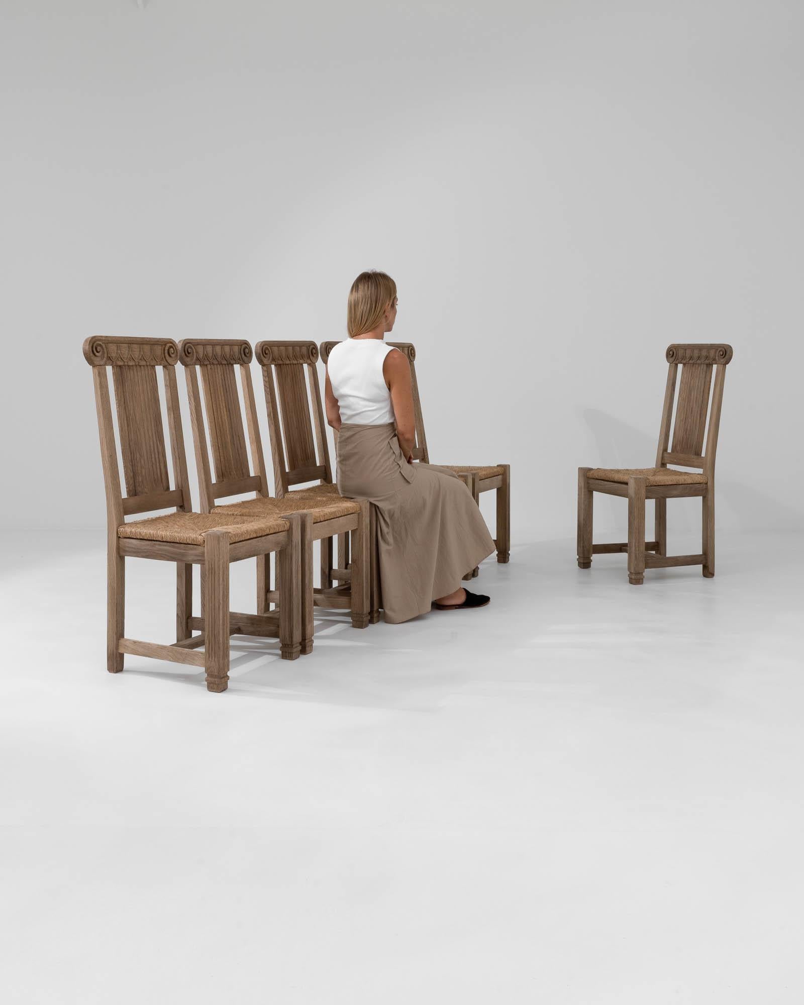 Hand-Carved 20th Century French Bleached Oak Dining Chairs, Set of Six For Sale