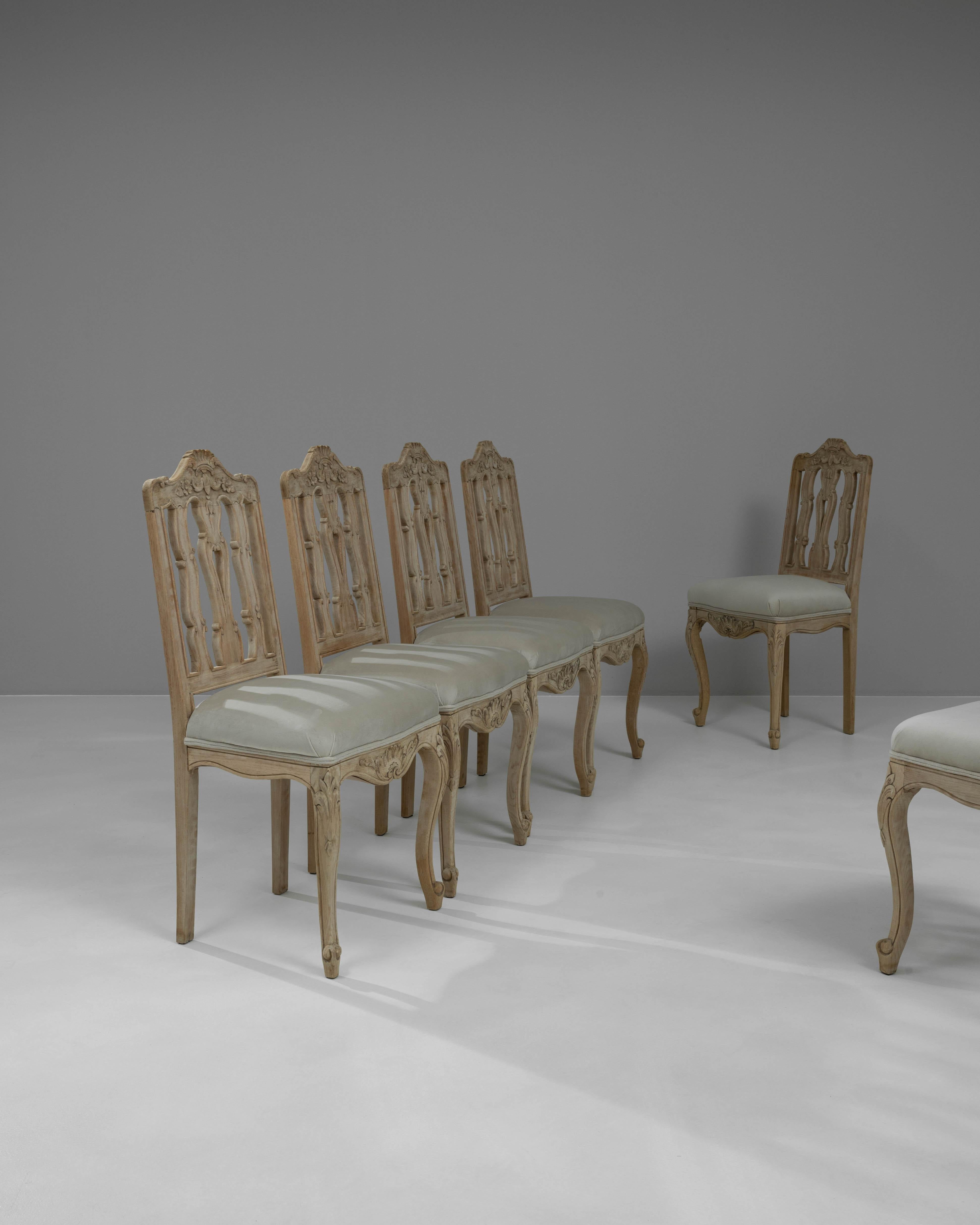 Hand-Carved 20th Century French Bleached Oak Dining Chairs With Upholstered Seats, Set of 6 For Sale