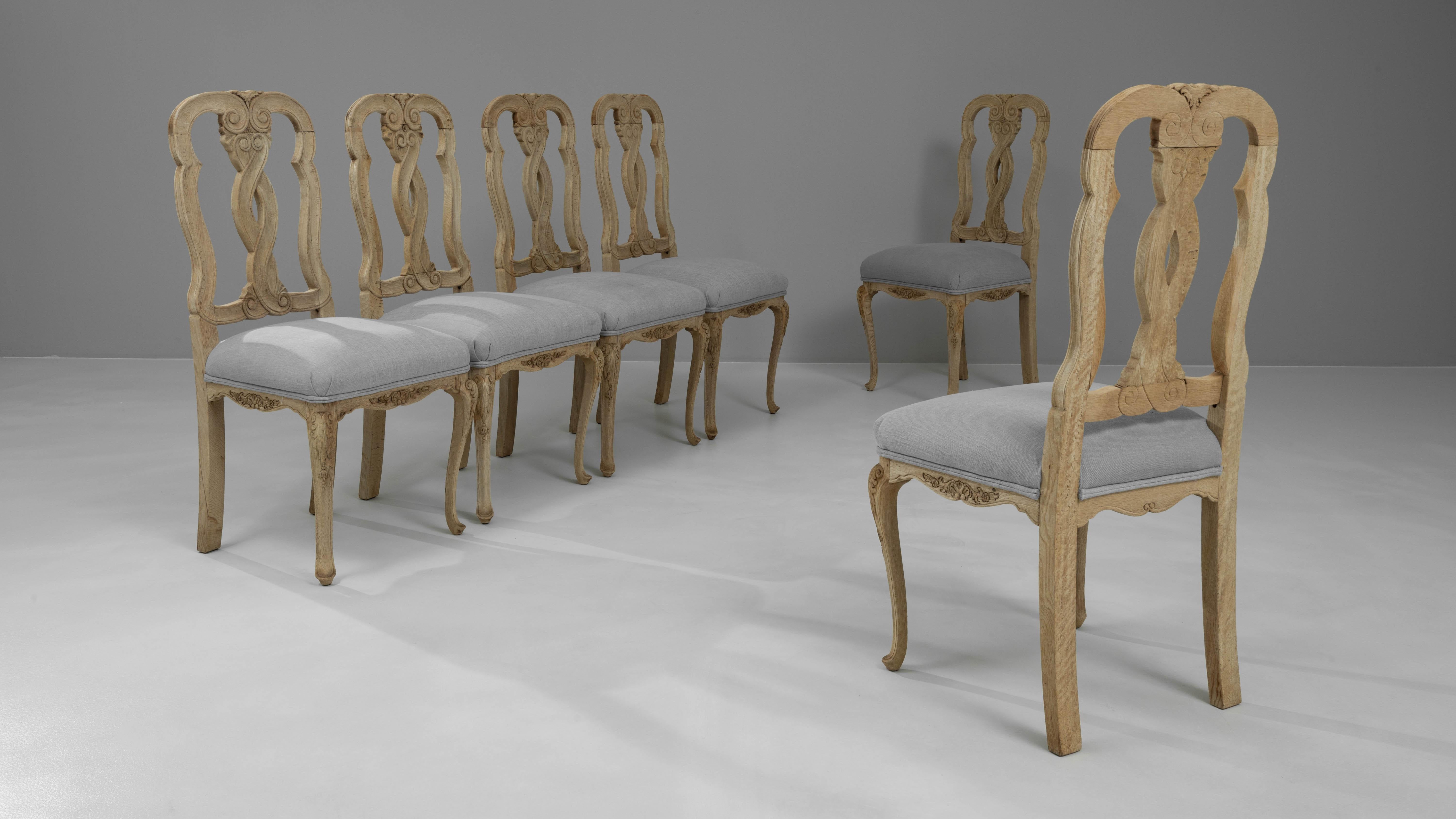 20th Century French Bleached Oak Dining Chairs With Upholstered Seats, Set of 6 In Good Condition For Sale In High Point, NC