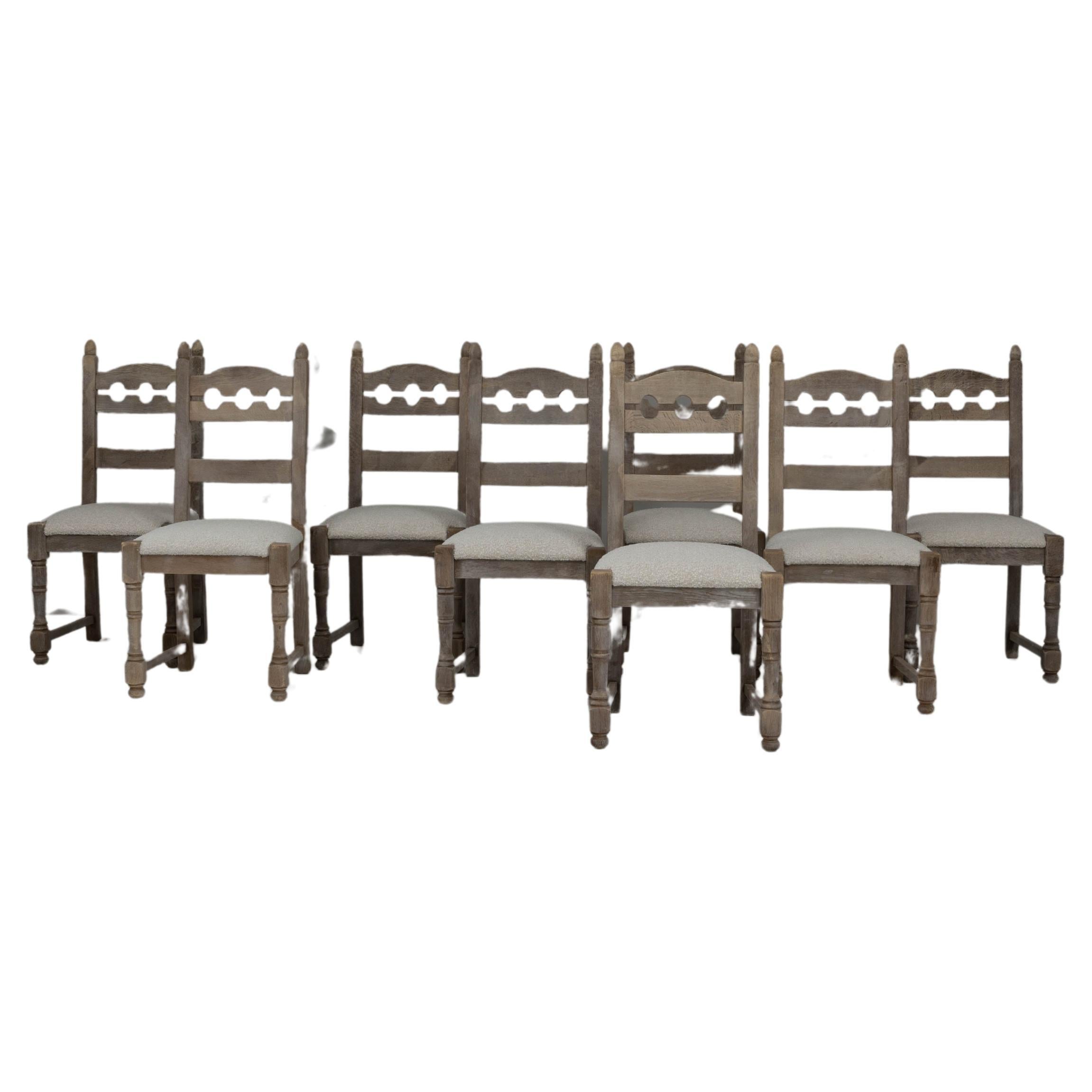 20th Century French Bleached Oak Dining Chairs With Upholstered Seats, Set of 8