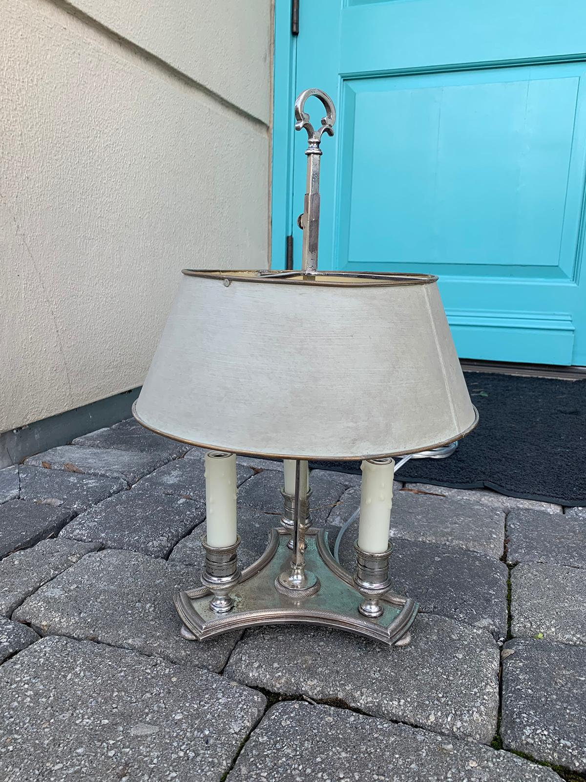 Hand-Painted Early 20th Century French Bouillotte Lamp with Custom Painted Shade, Stamped