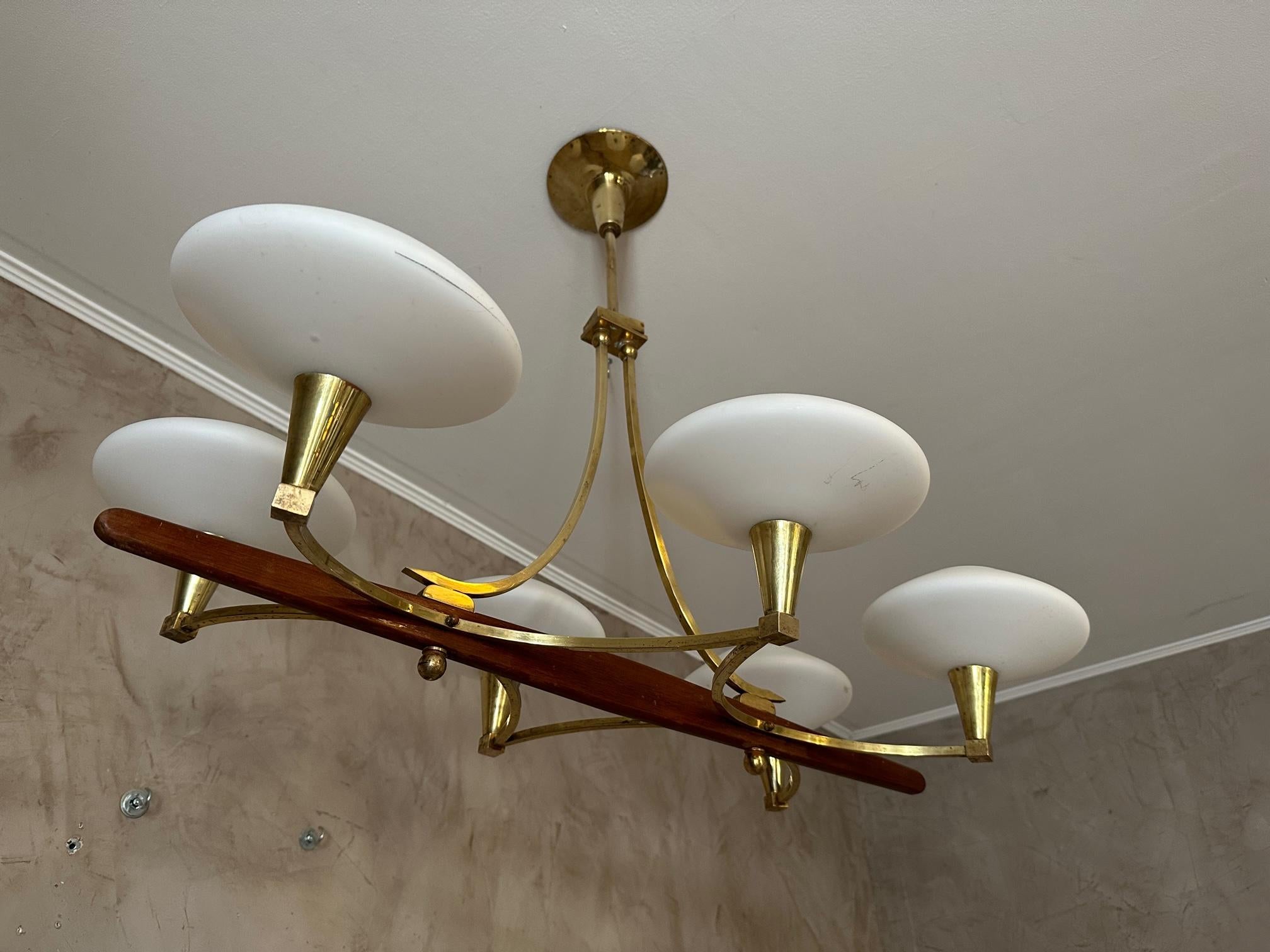 20th century French Brass and 6 Opaline Glass Chandelier, 1960s For Sale 6