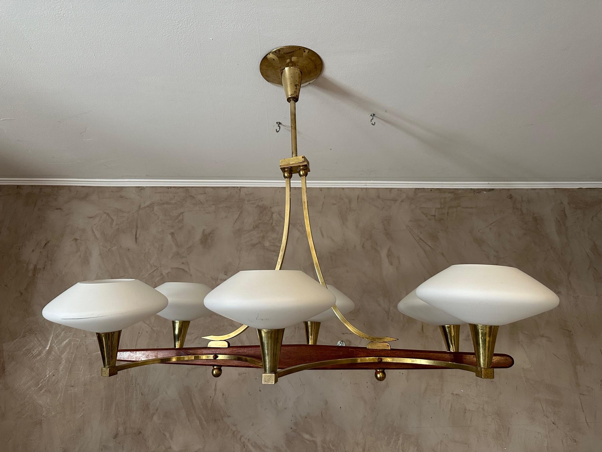 20th century French Brass and 6 Opaline Glass Chandelier, 1960s In Good Condition For Sale In LEGNY, FR