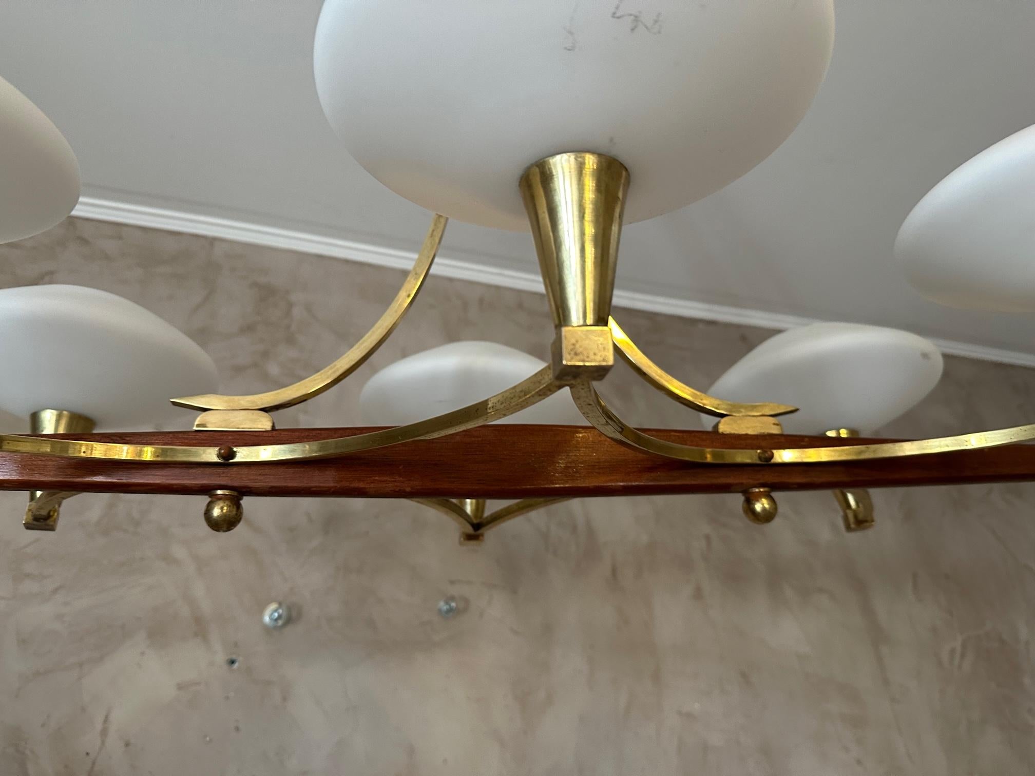 20th century French Brass and 6 Opaline Glass Chandelier, 1960s For Sale 1