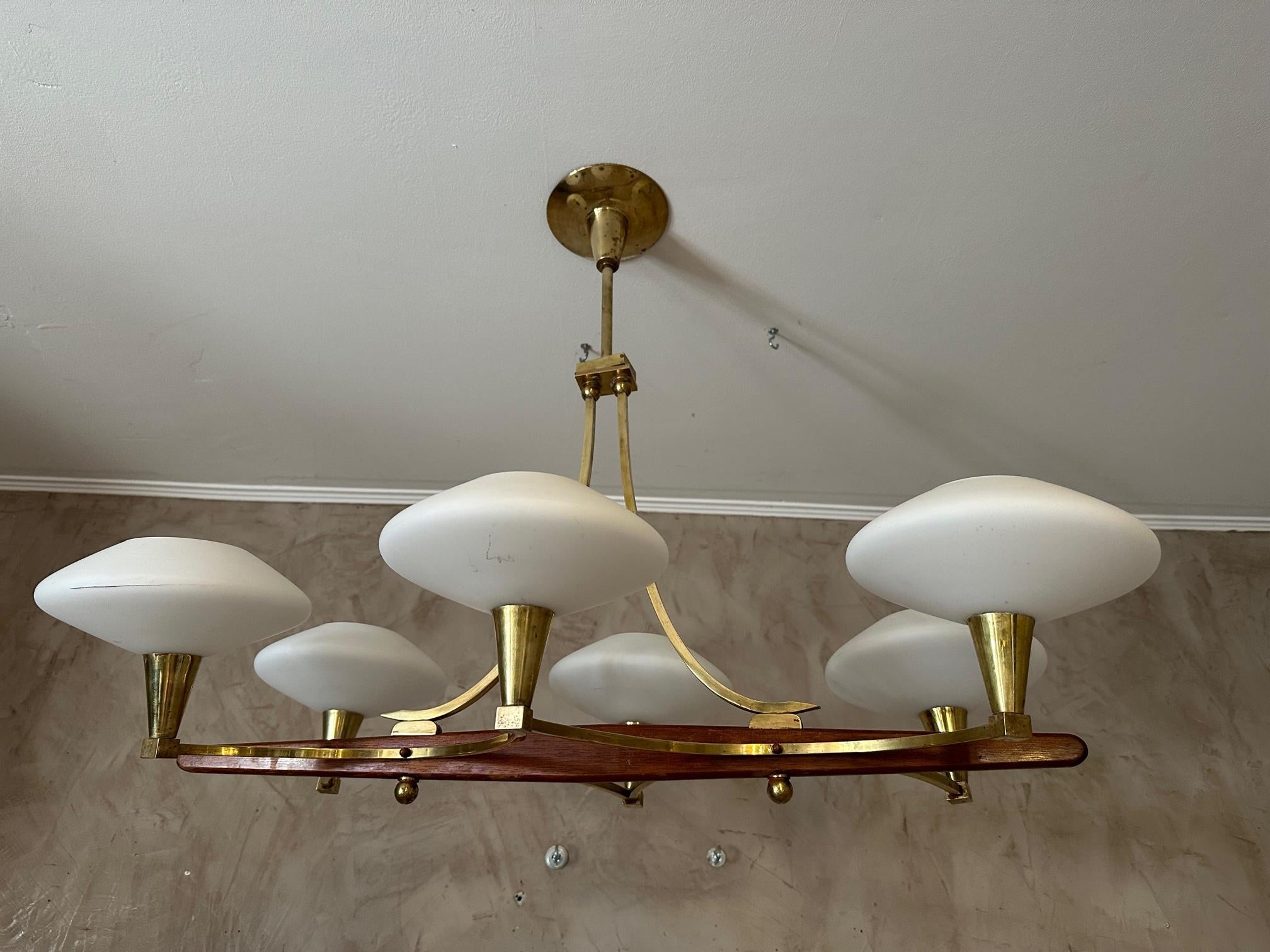20th century French Brass and 6 Opaline Glass Chandelier, 1960s For Sale 2