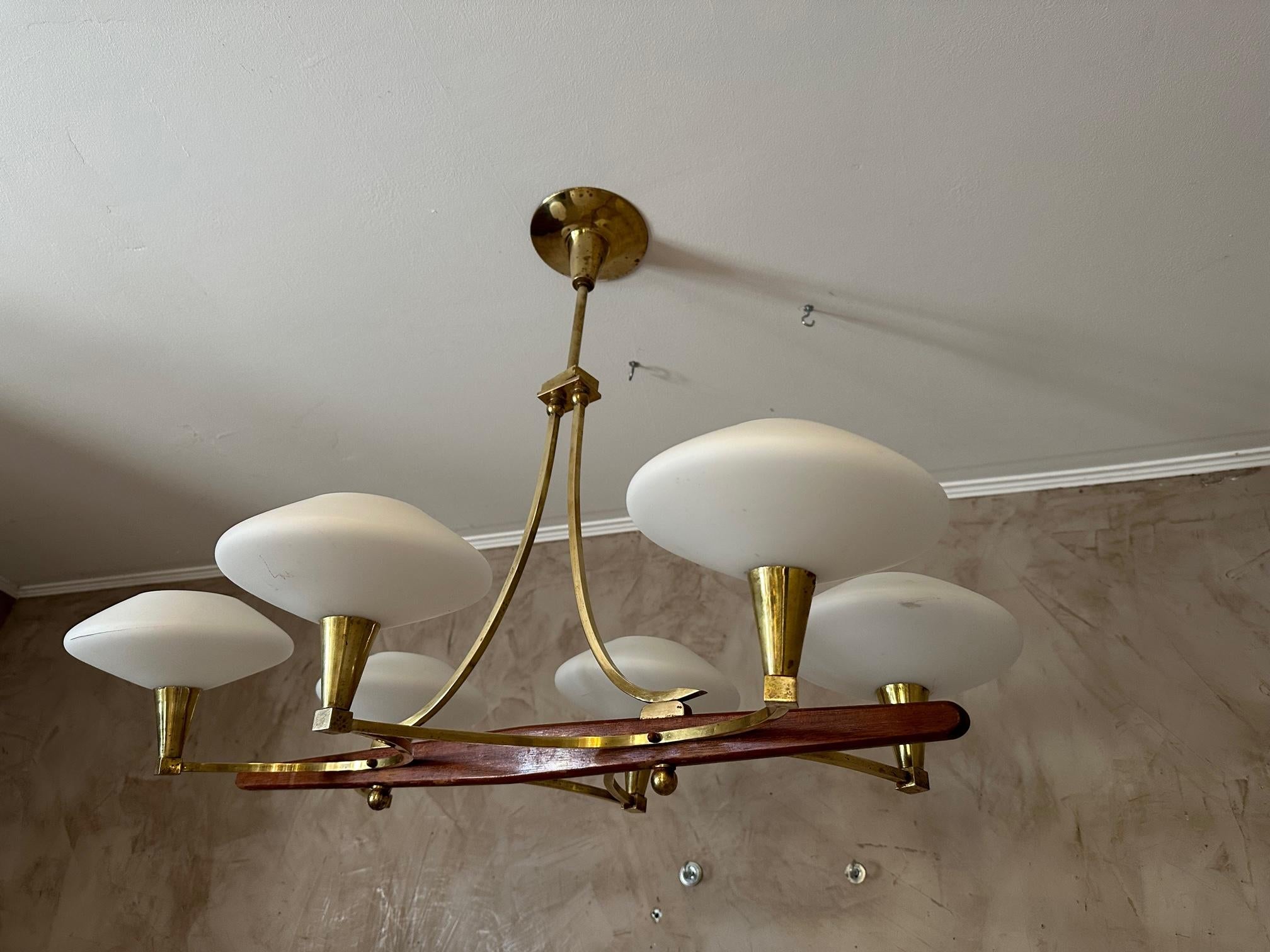 20th century French Brass and 6 Opaline Glass Chandelier, 1960s For Sale 3