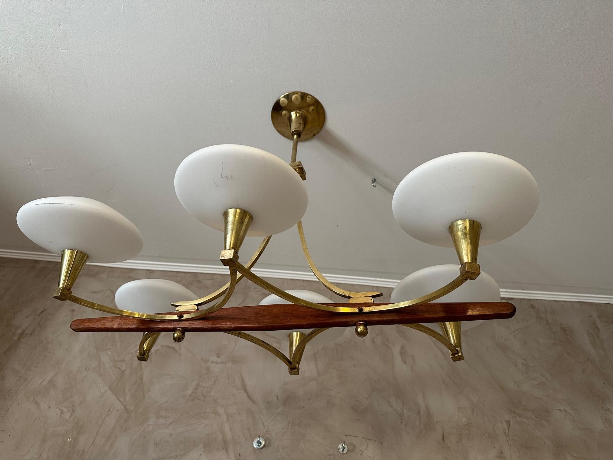 20th century French Brass and 6 Opaline Glass Chandelier, 1960s For Sale 4