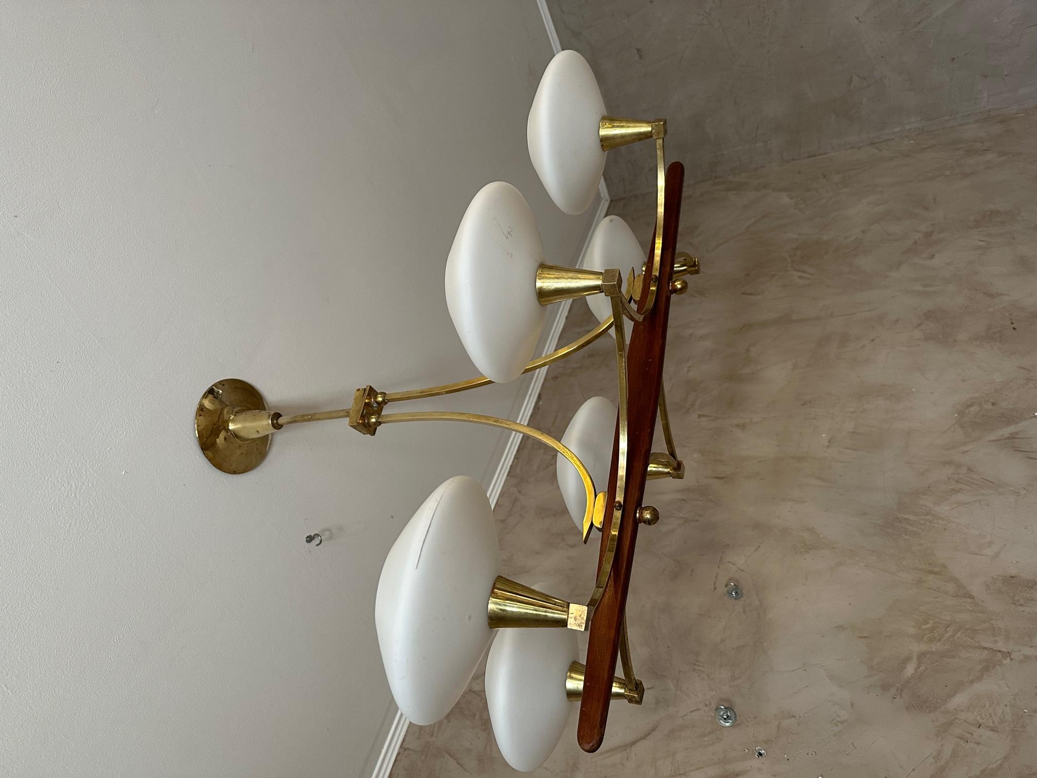 20th century French Brass and 6 Opaline Glass Chandelier, 1960s For Sale 5