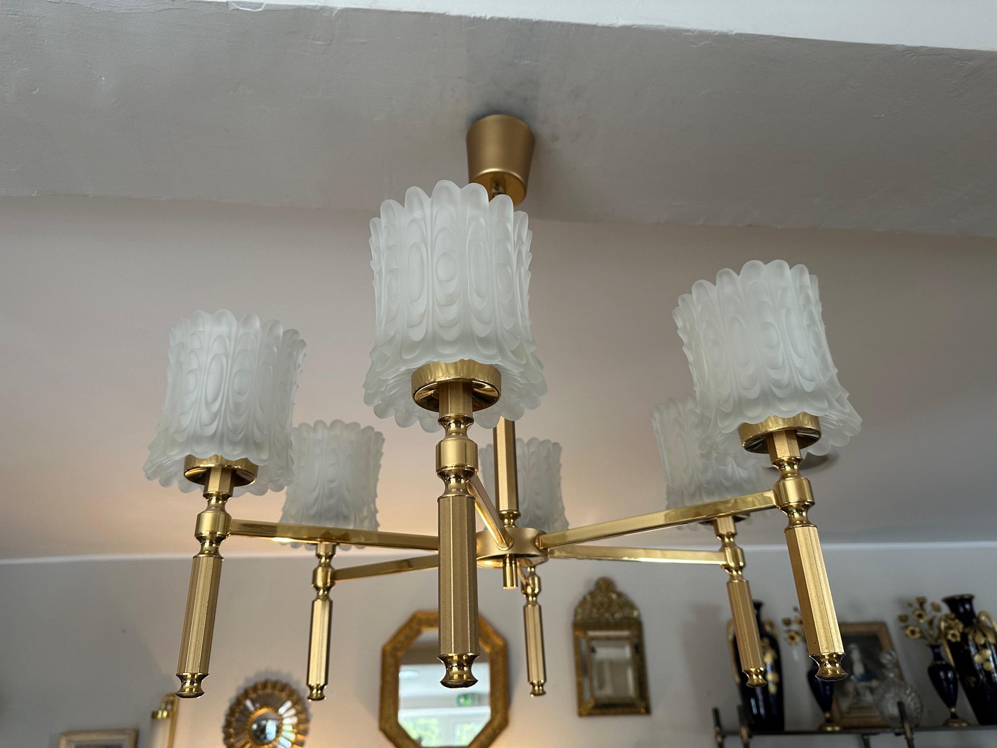 20th century French Brass and 6 Opaline Glass Chandelier, 1970s  For Sale 6