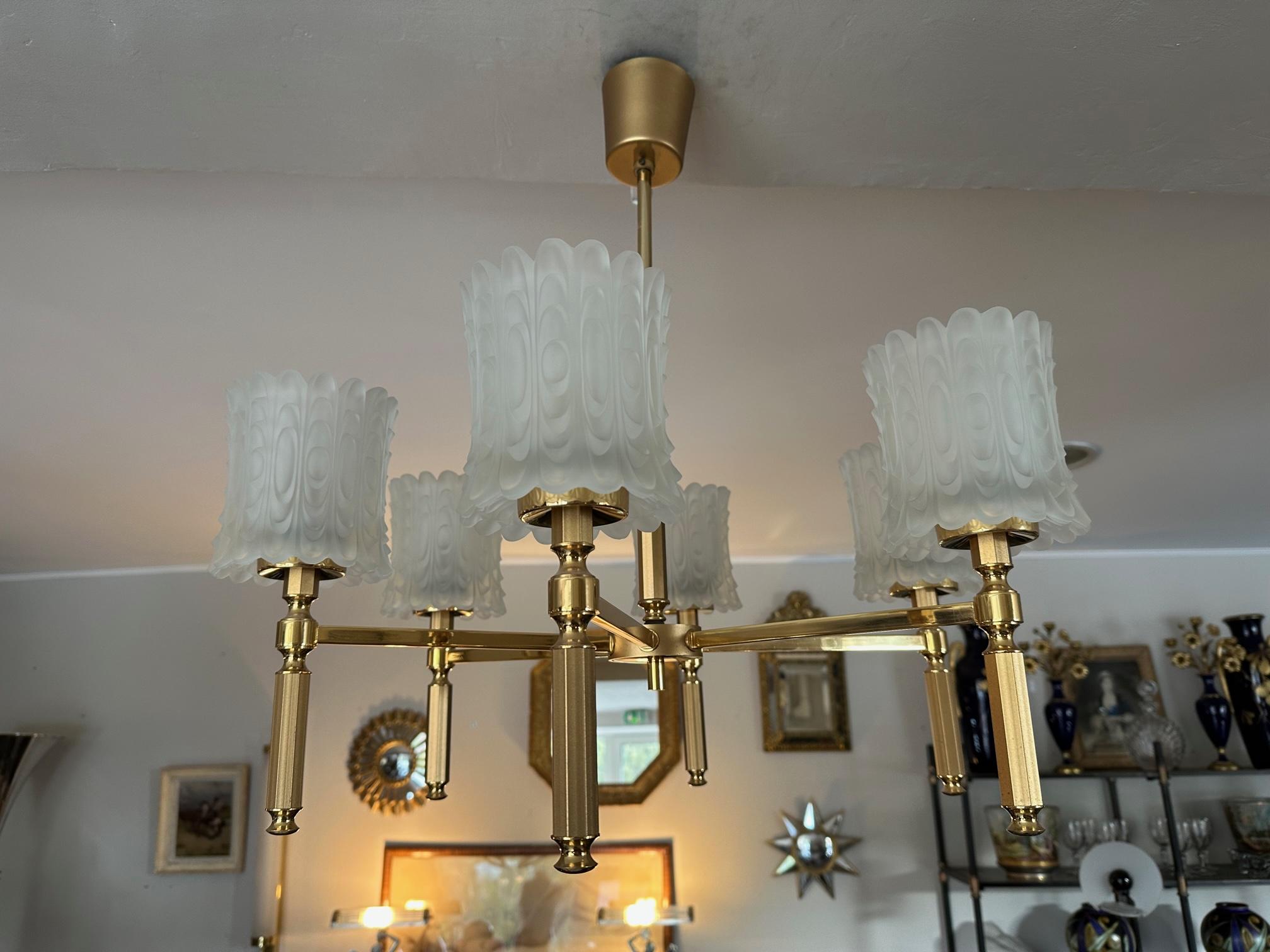 20th century French Brass and 6 Opaline Glass Chandelier, 1970s  For Sale 7