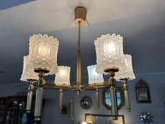 20th century French Brass and 6 Opaline Glass Chandelier, 1970s