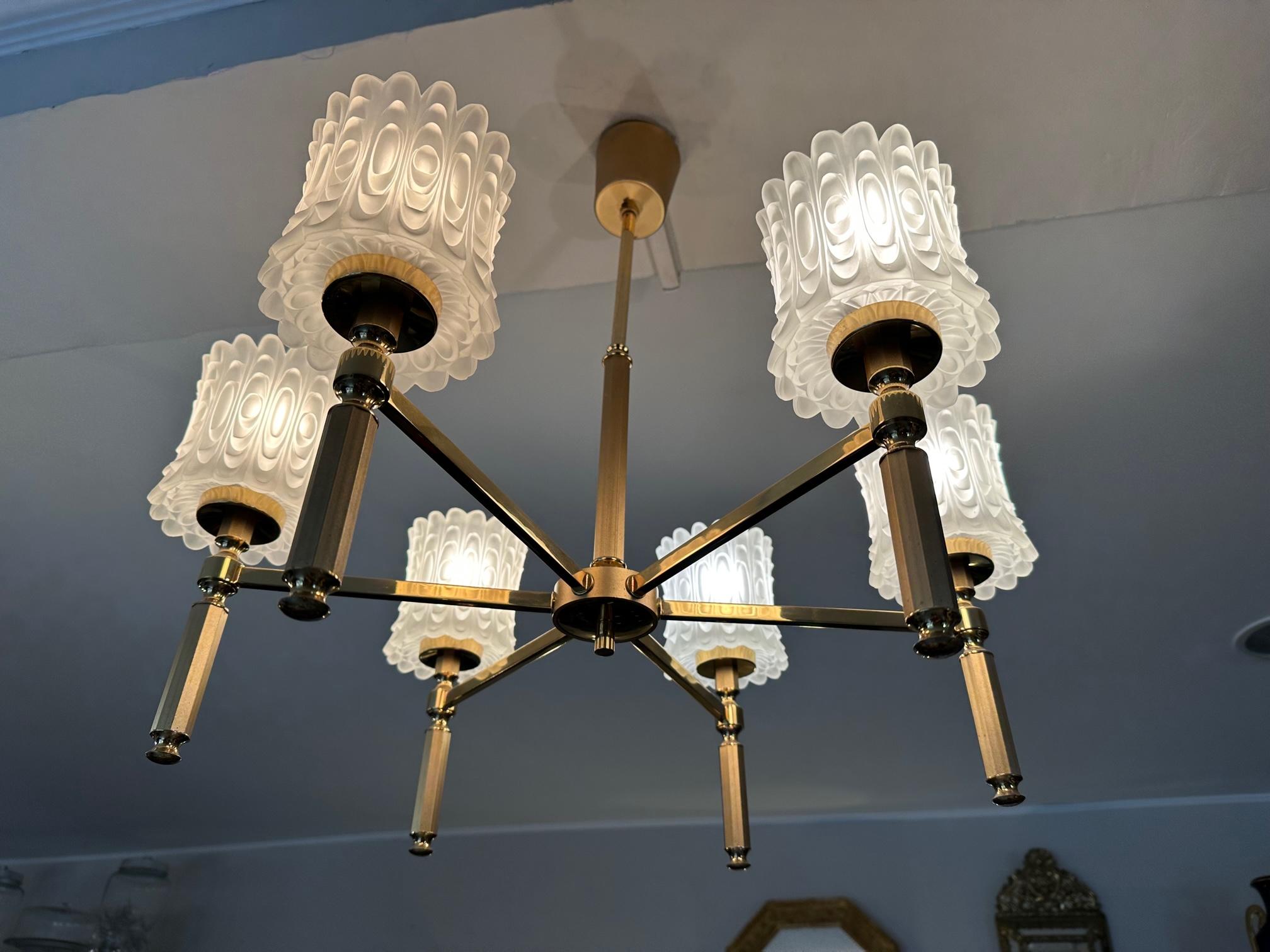 20th century French Brass and 6 Opaline Glass Chandelier, 1970s  In Good Condition For Sale In LEGNY, FR