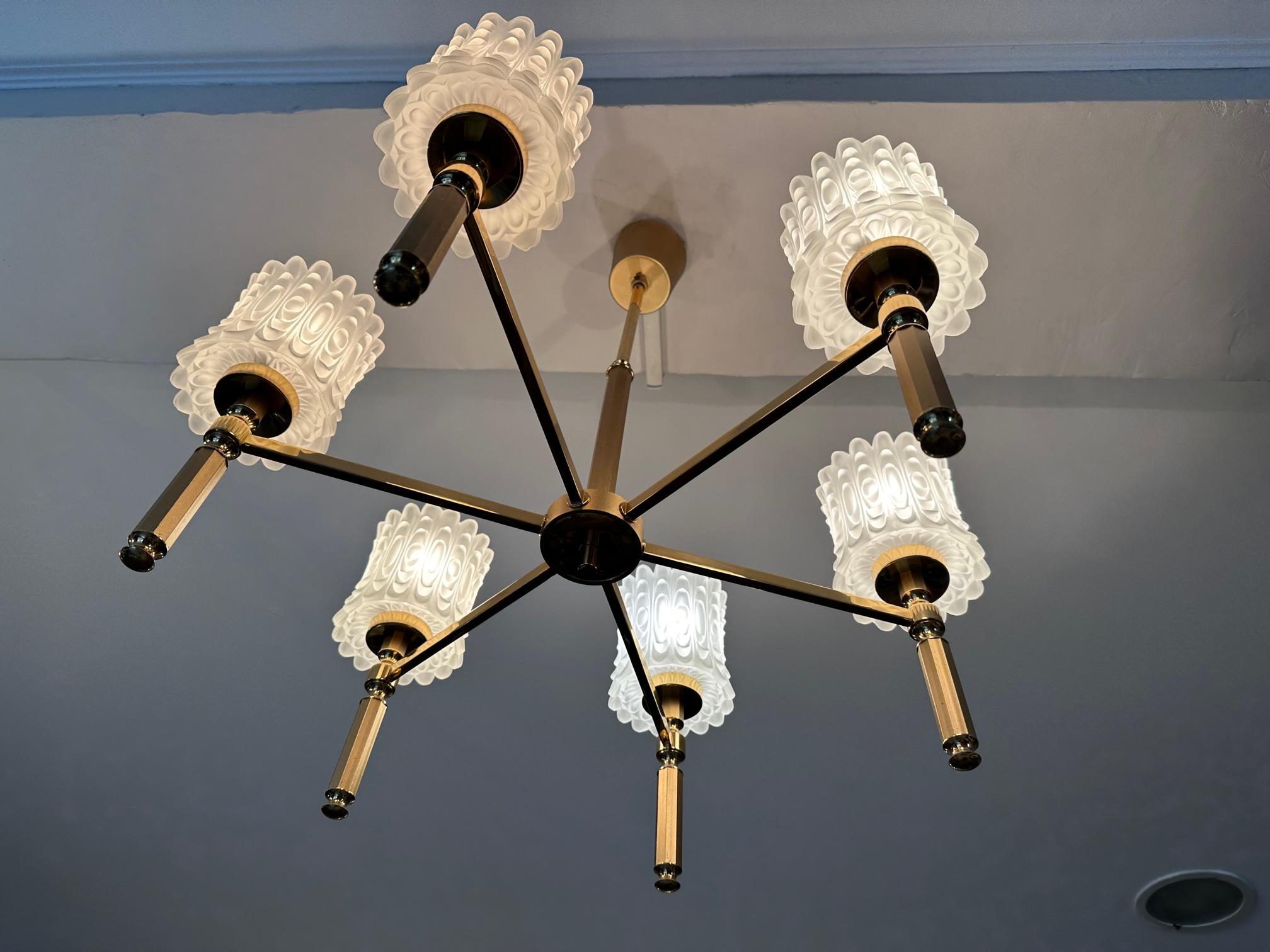 Late 20th Century 20th century French Brass and 6 Opaline Glass Chandelier, 1970s  For Sale