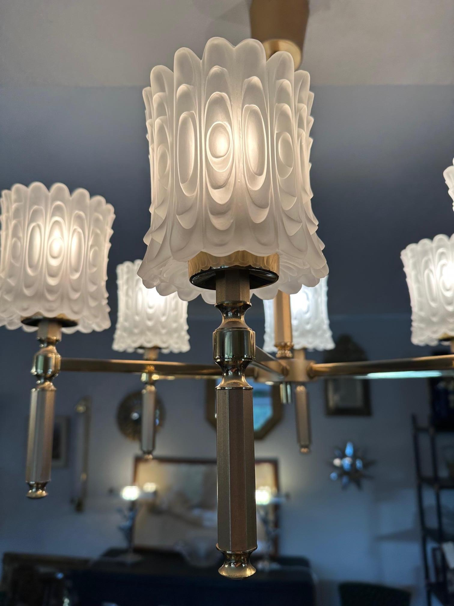 20th century French Brass and 6 Opaline Glass Chandelier, 1970s  For Sale 1