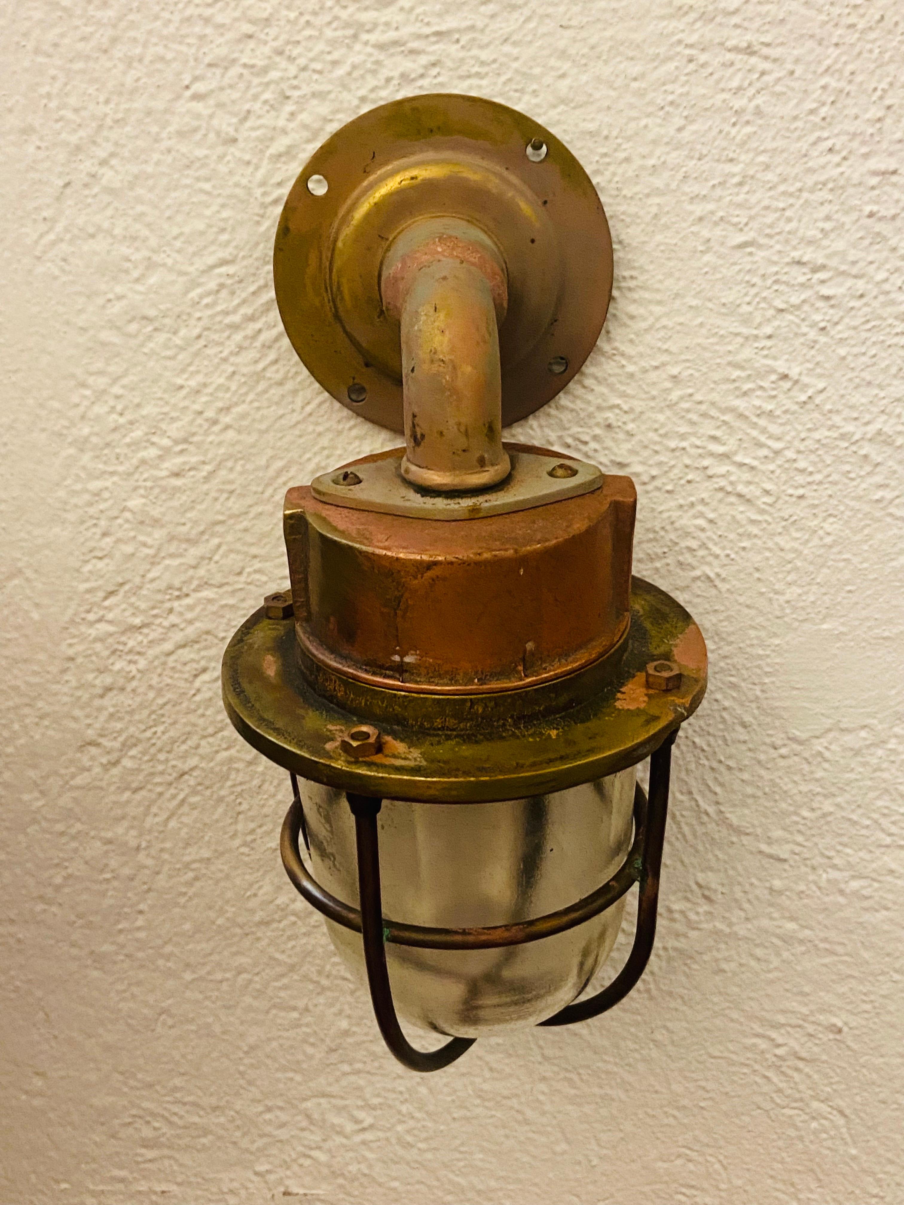 20th Century, French, Brass and Copper Marine Lamp with Metal Glass Shade In Good Condition For Sale In Sofia, BG