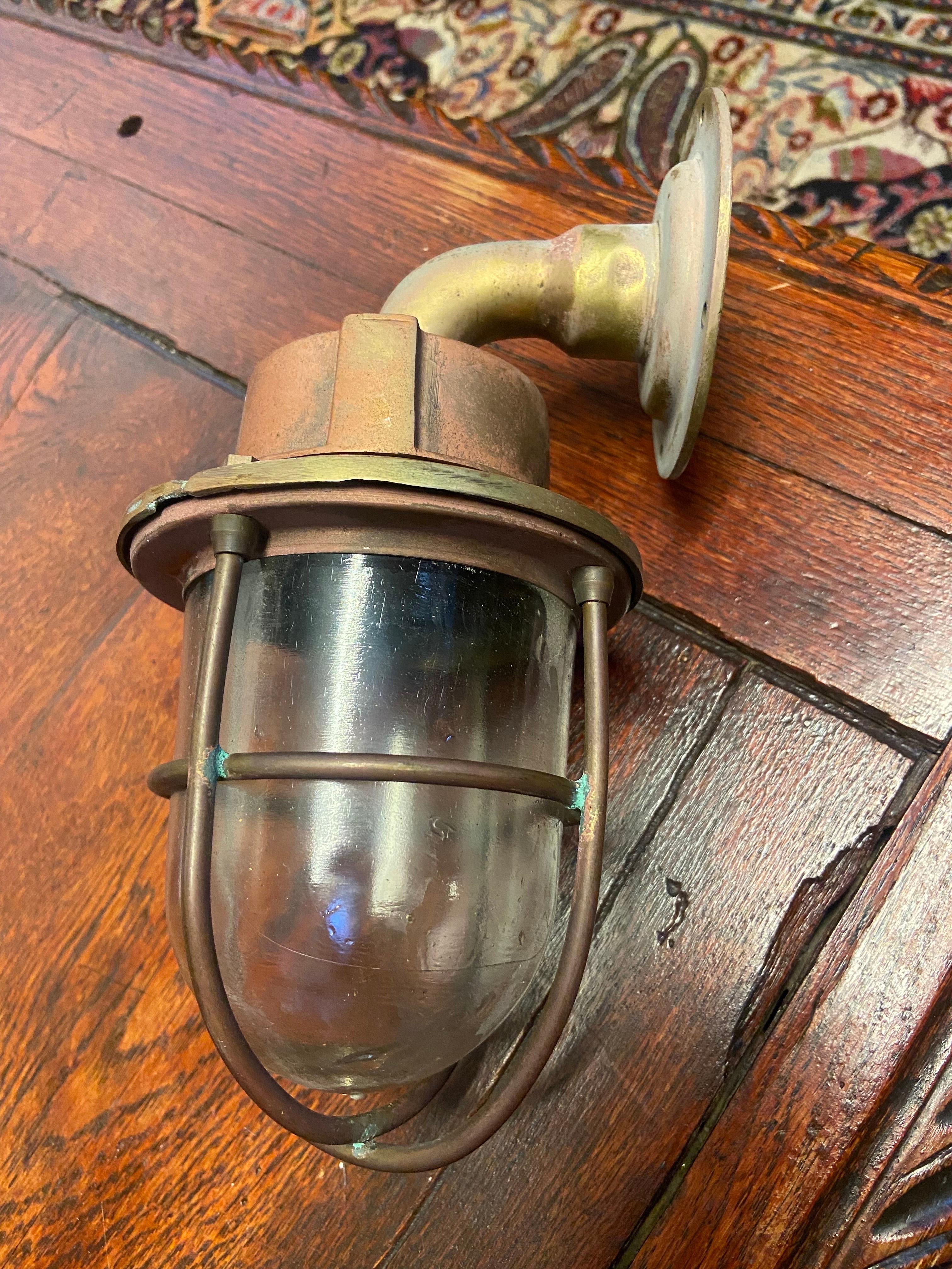 20th Century, French, Brass and Copper Marine Lamp with Metal Glass Shade For Sale 2