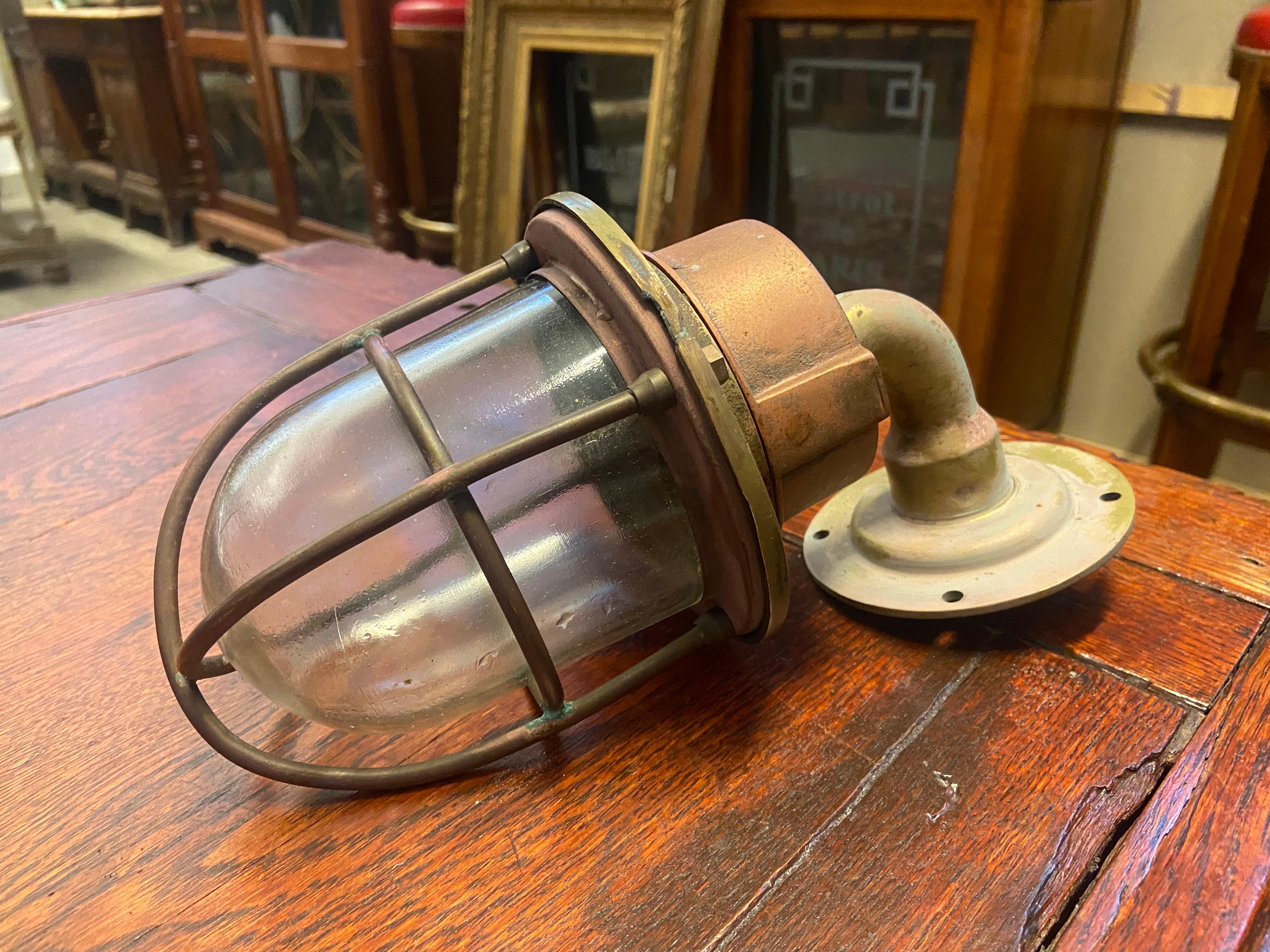 20th Century, French, Brass and Copper Marine Lamp with Metal Glass Shade For Sale 3