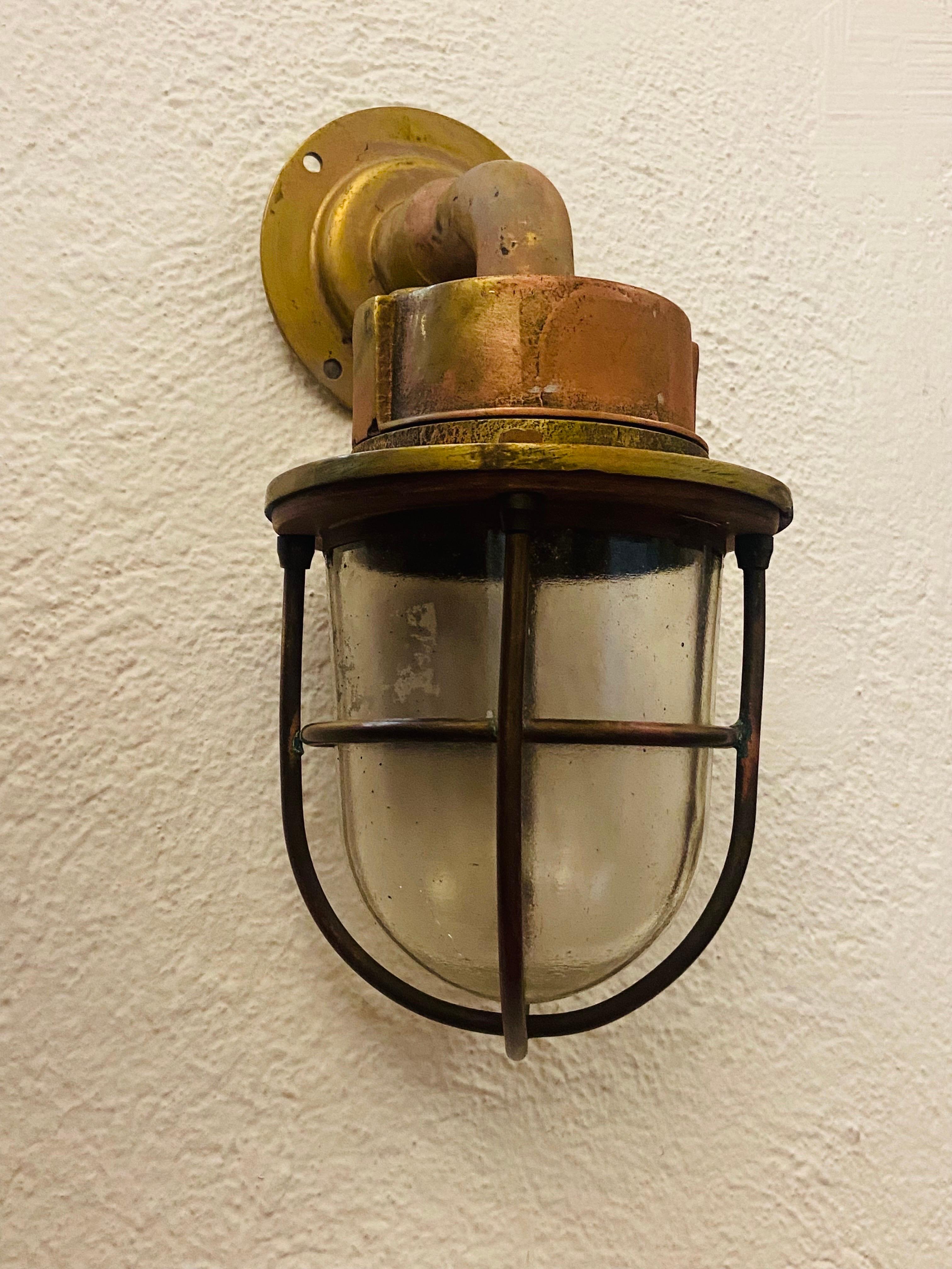 20th Century, French, Brass and Copper Marine Lamp with Metal Glass Shade For Sale 4