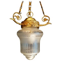 Antique 20th Century French Brass and Frosted Cut-Glass Lantern