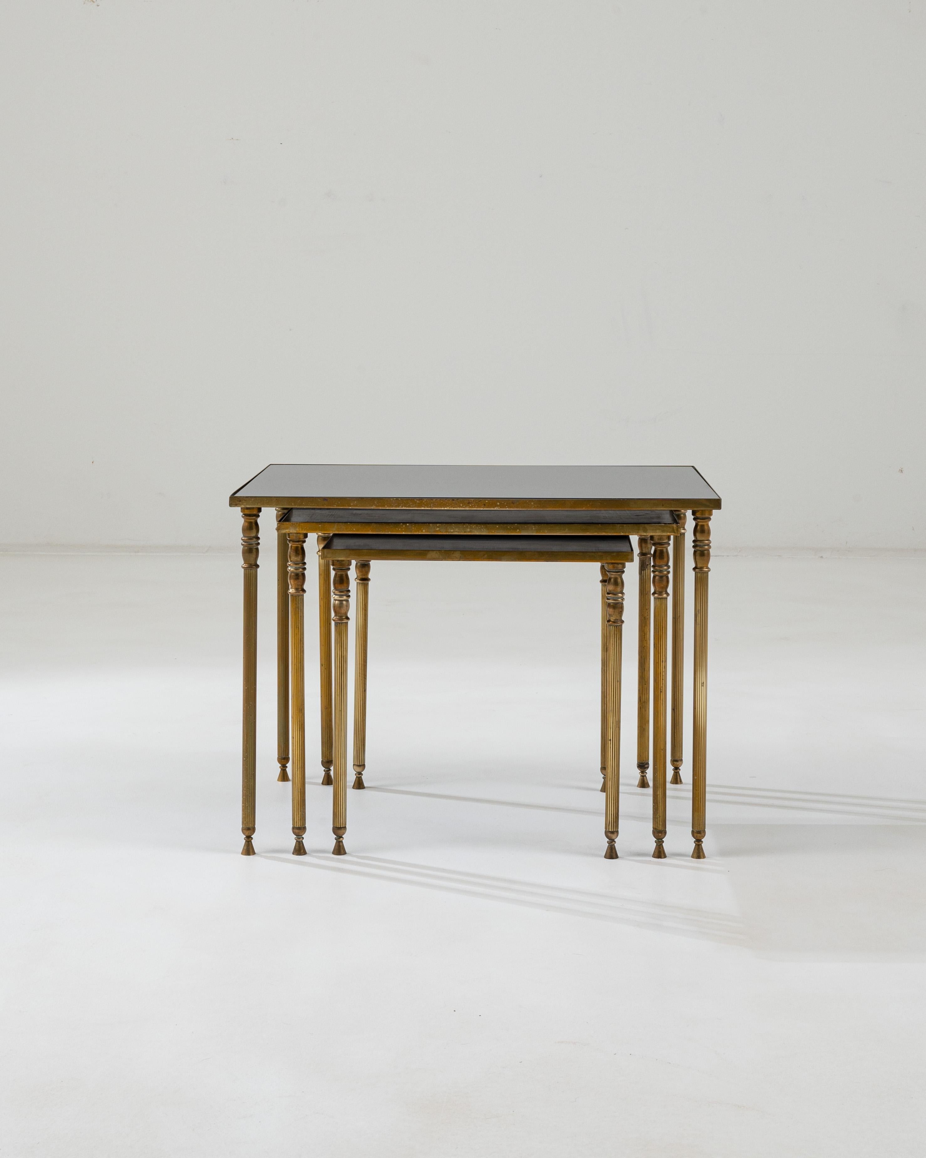 Neoclassical Revival 20th Century French Brass and Glass Nesting Tables, Set of Three For Sale