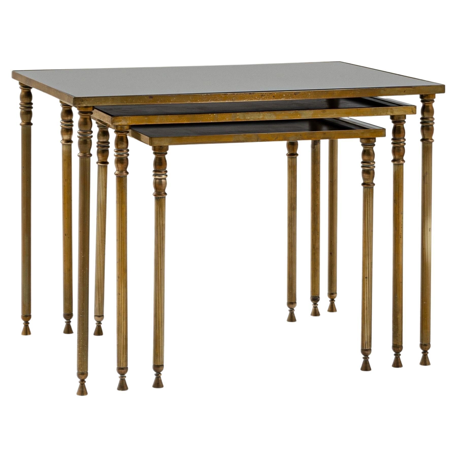 20th Century French Brass and Glass Nesting Tables, Set of Three For Sale